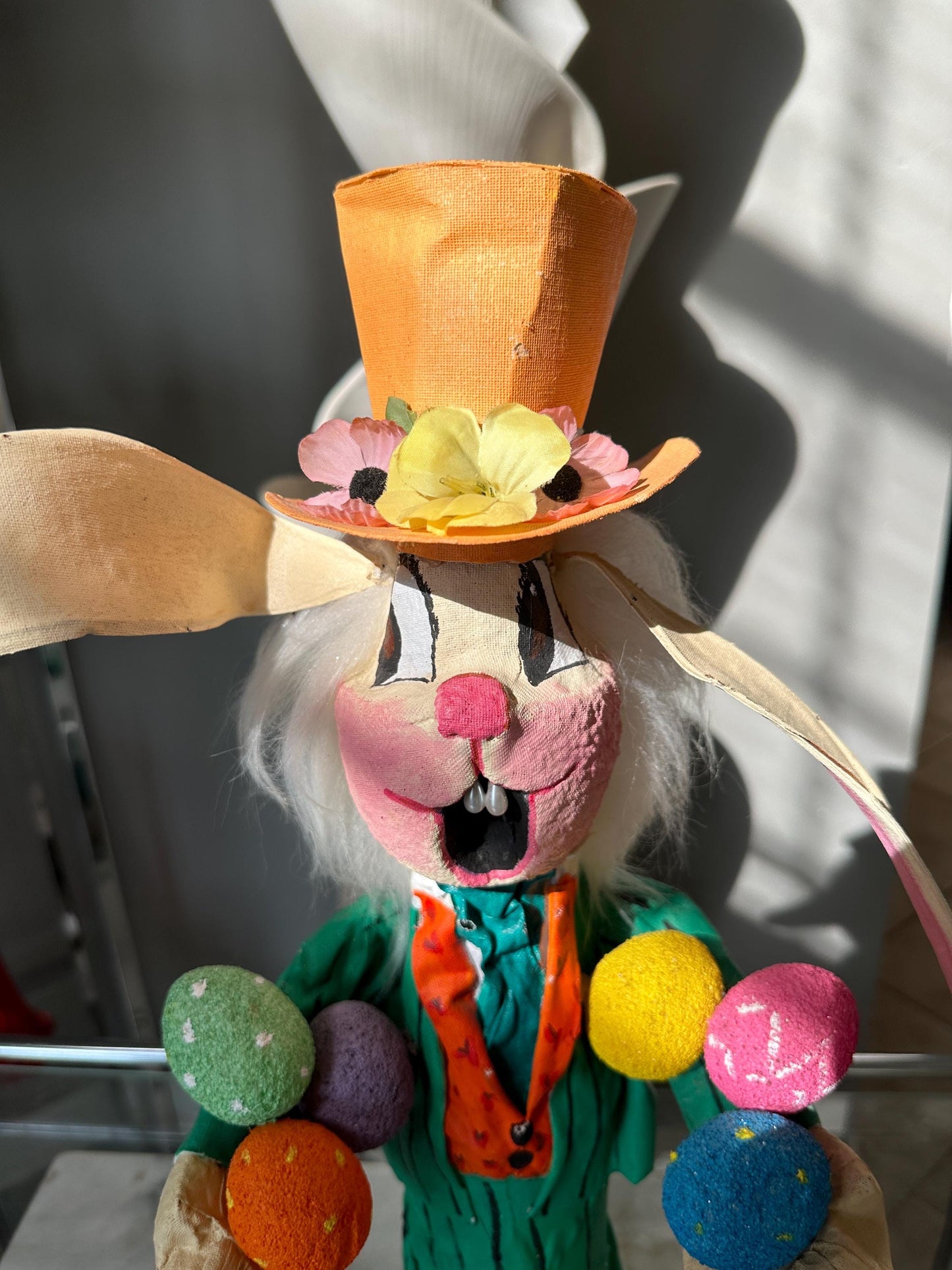Handcrafted Paper Mâché Easter Bunny: Green Suit & Top Hat, 18" Whimsical Spring Decor