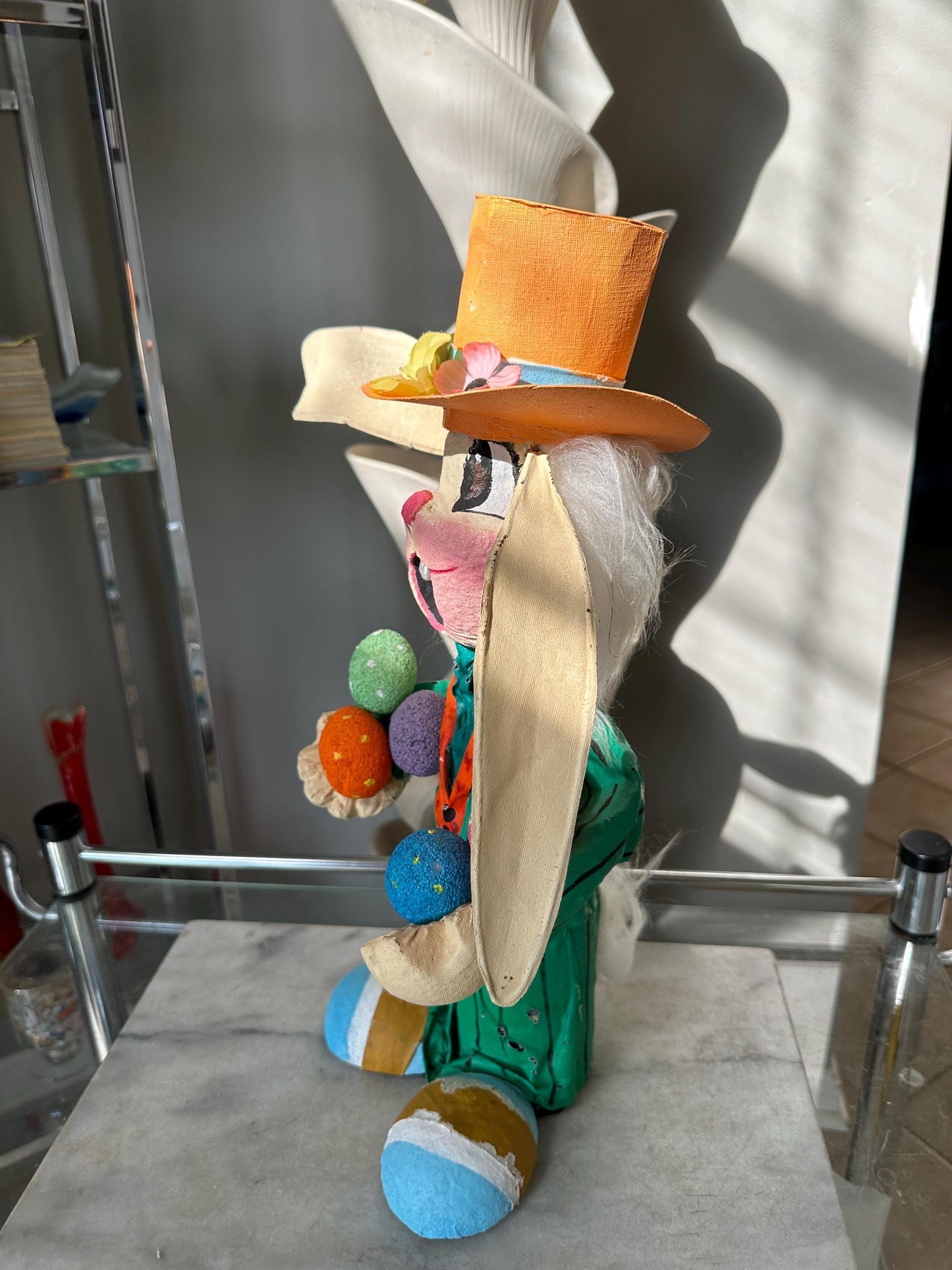 Handcrafted Paper Mâché Easter Bunny: Green Suit & Top Hat, 18" Whimsical Spring Decor