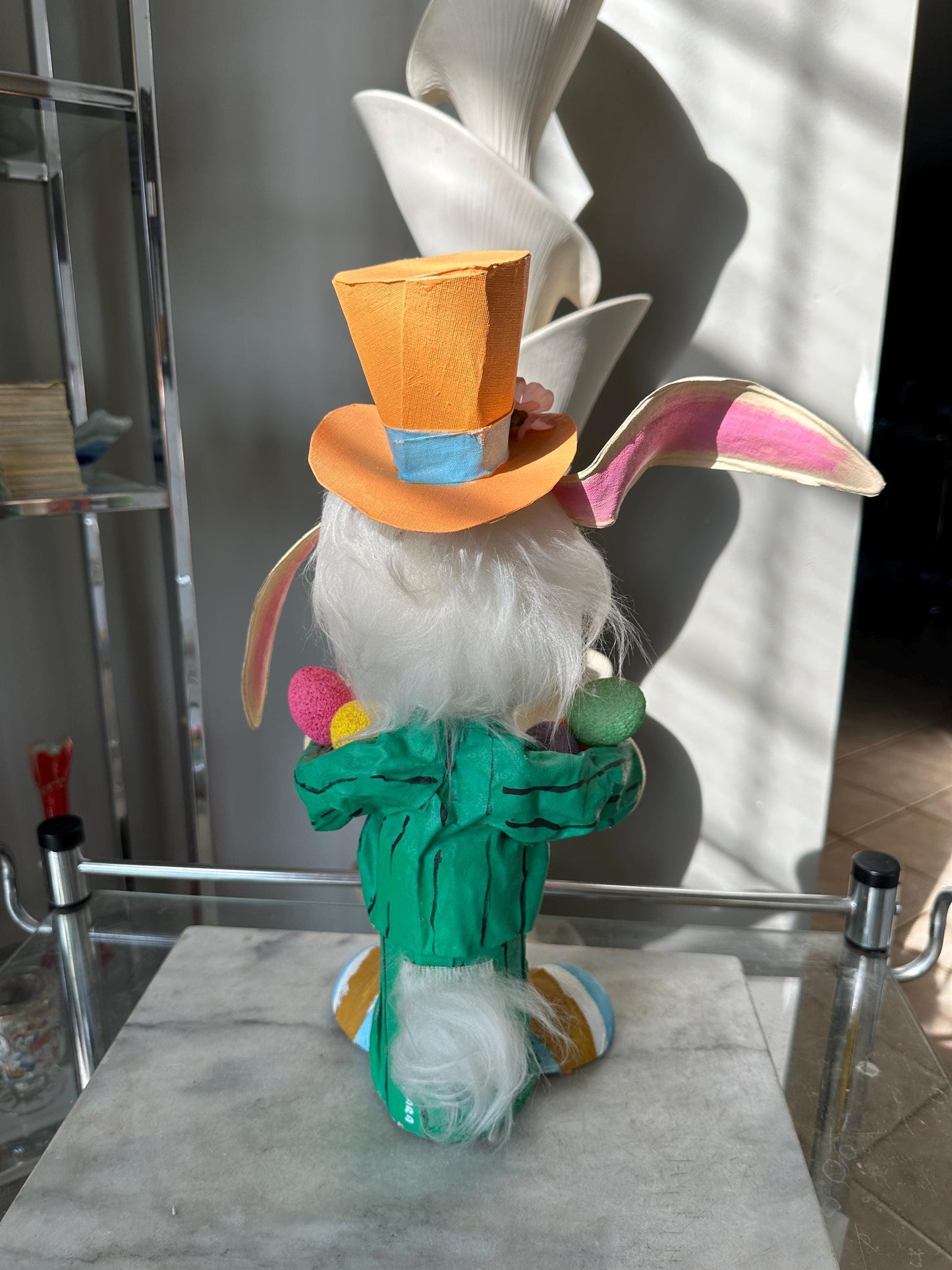 Handcrafted Paper Mâché Easter Bunny: Green Suit & Top Hat, 18" Whimsical Spring Decor