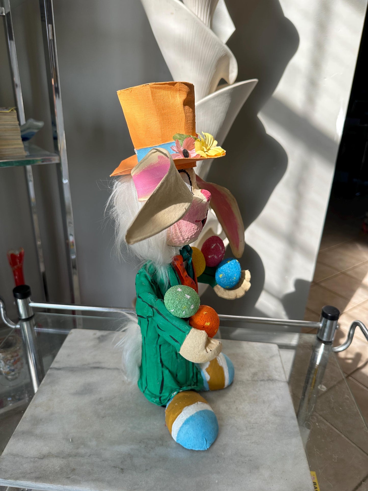 Handcrafted Paper Mâché Easter Bunny: Green Suit & Top Hat, 18" Whimsical Spring Decor
