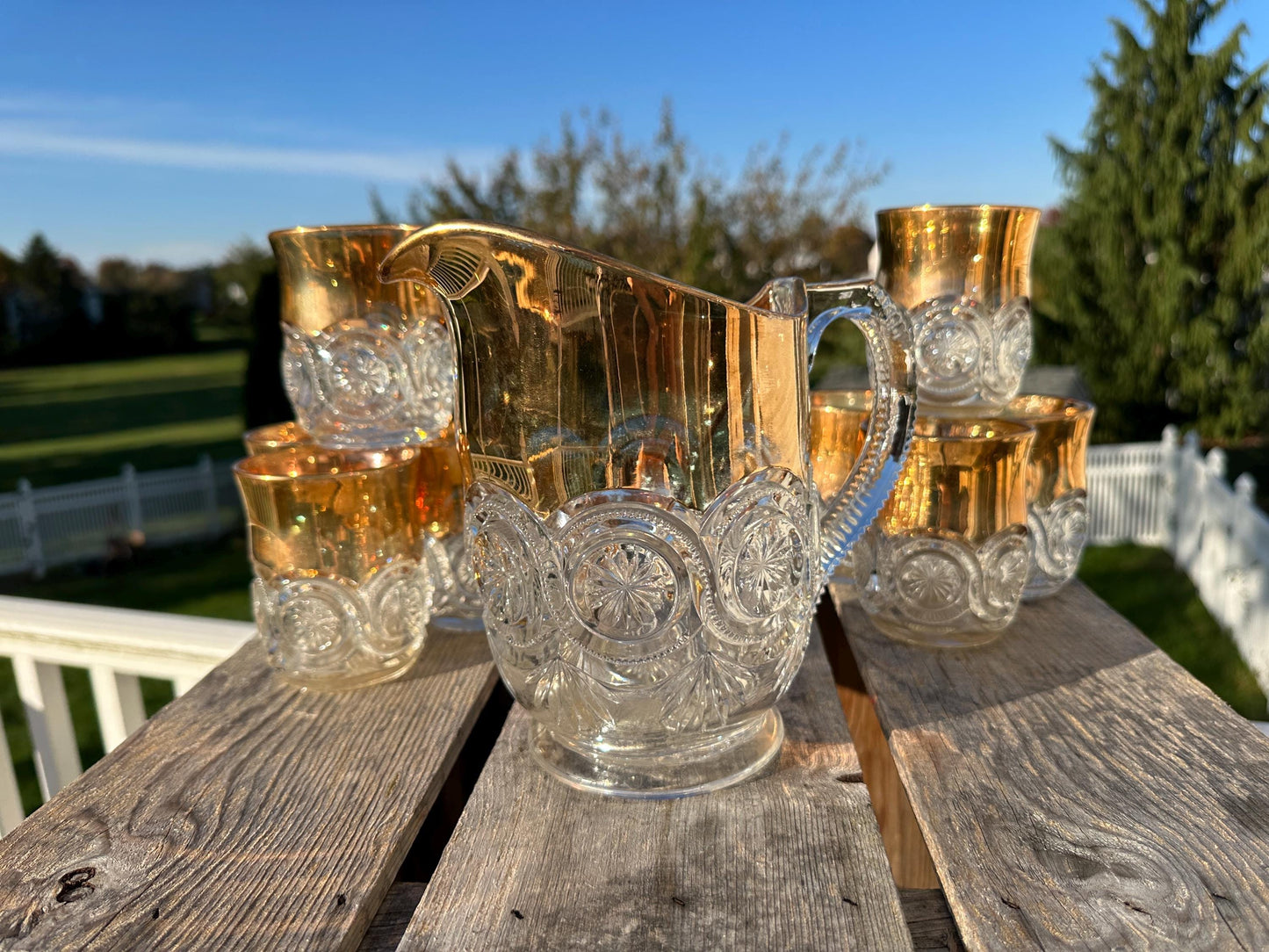 Vintage EAPG Duncan Miller Block and Medallion Starburst Pitcher and 8 tumblers gold trim
