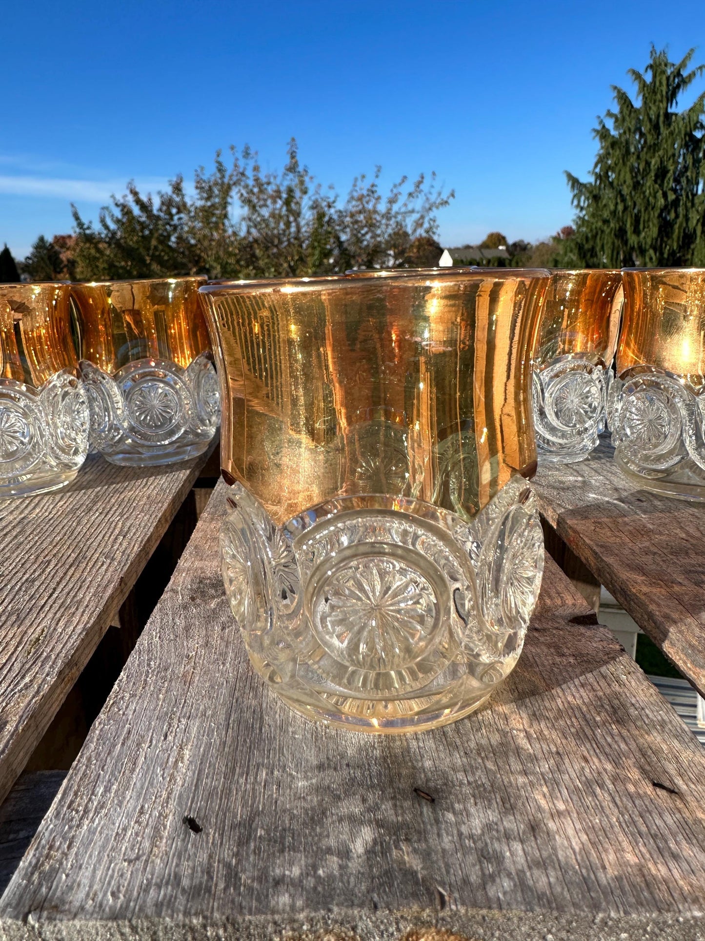 Vintage EAPG Duncan Miller Block and Medallion Starburst Pitcher and 8 tumblers gold trim