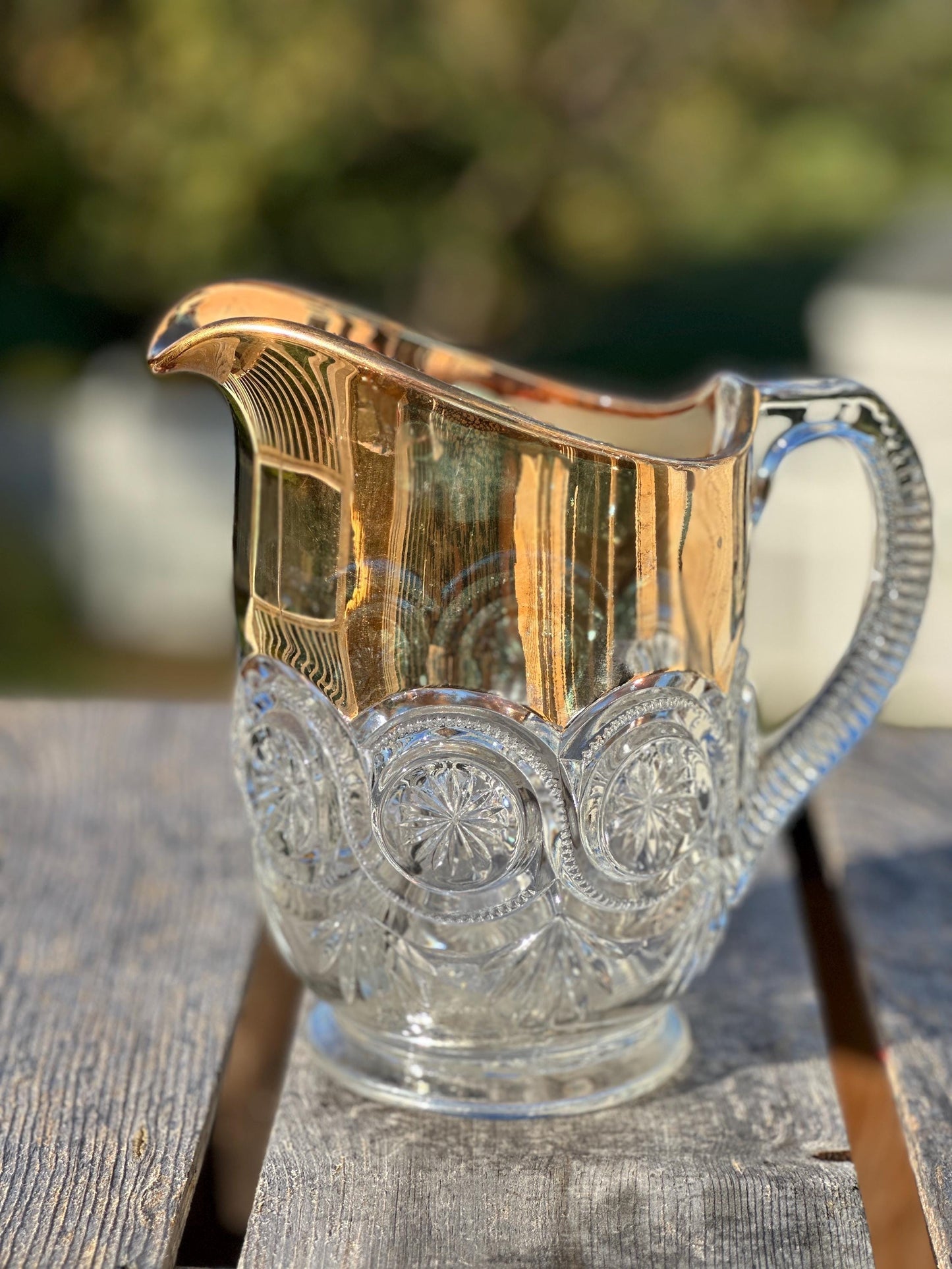 Vintage EAPG Duncan Miller Block and Medallion Starburst Pitcher and 8 tumblers gold trim