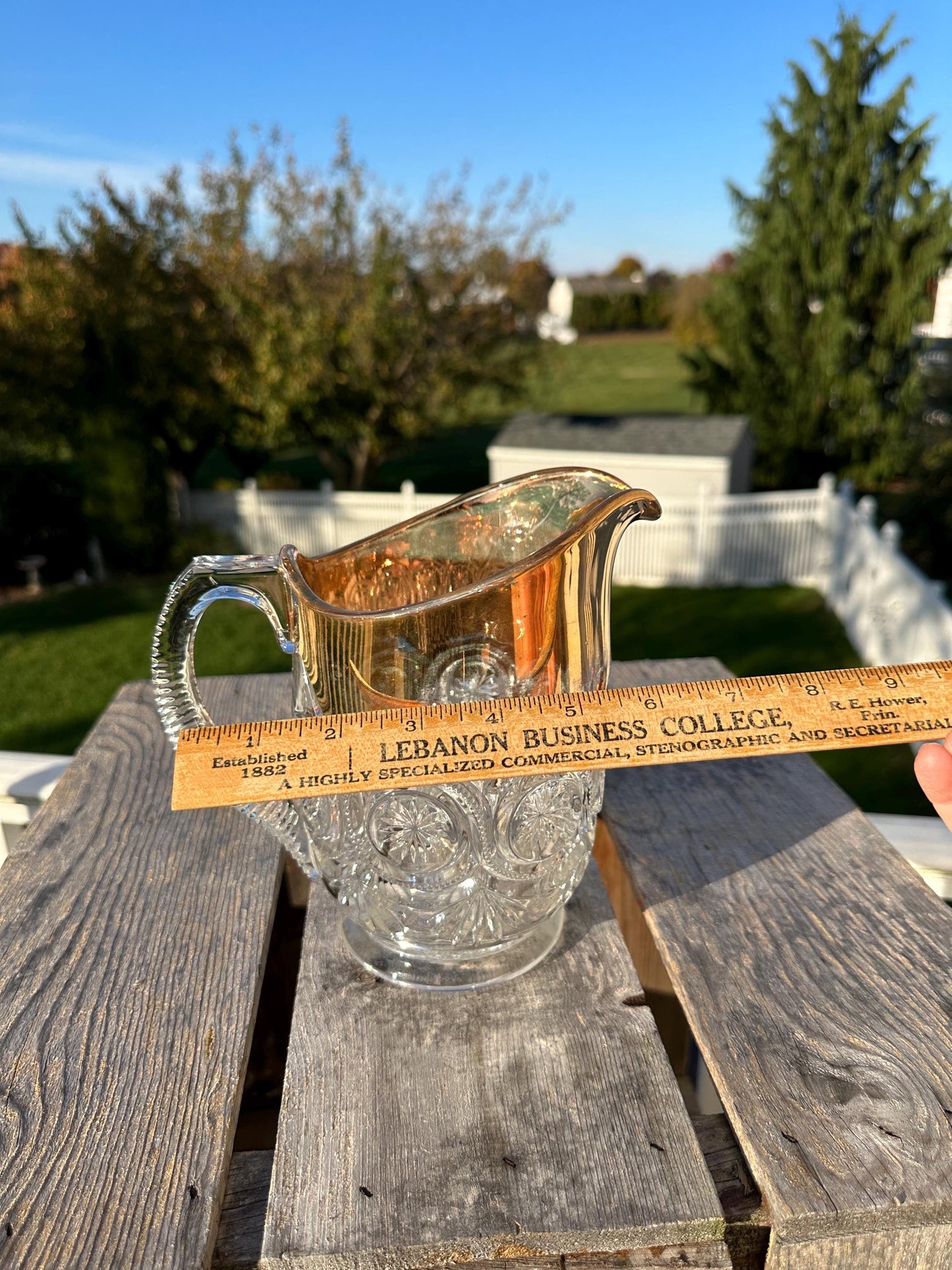 Vintage EAPG Duncan Miller Block and Medallion Starburst Pitcher and 8 tumblers gold trim
