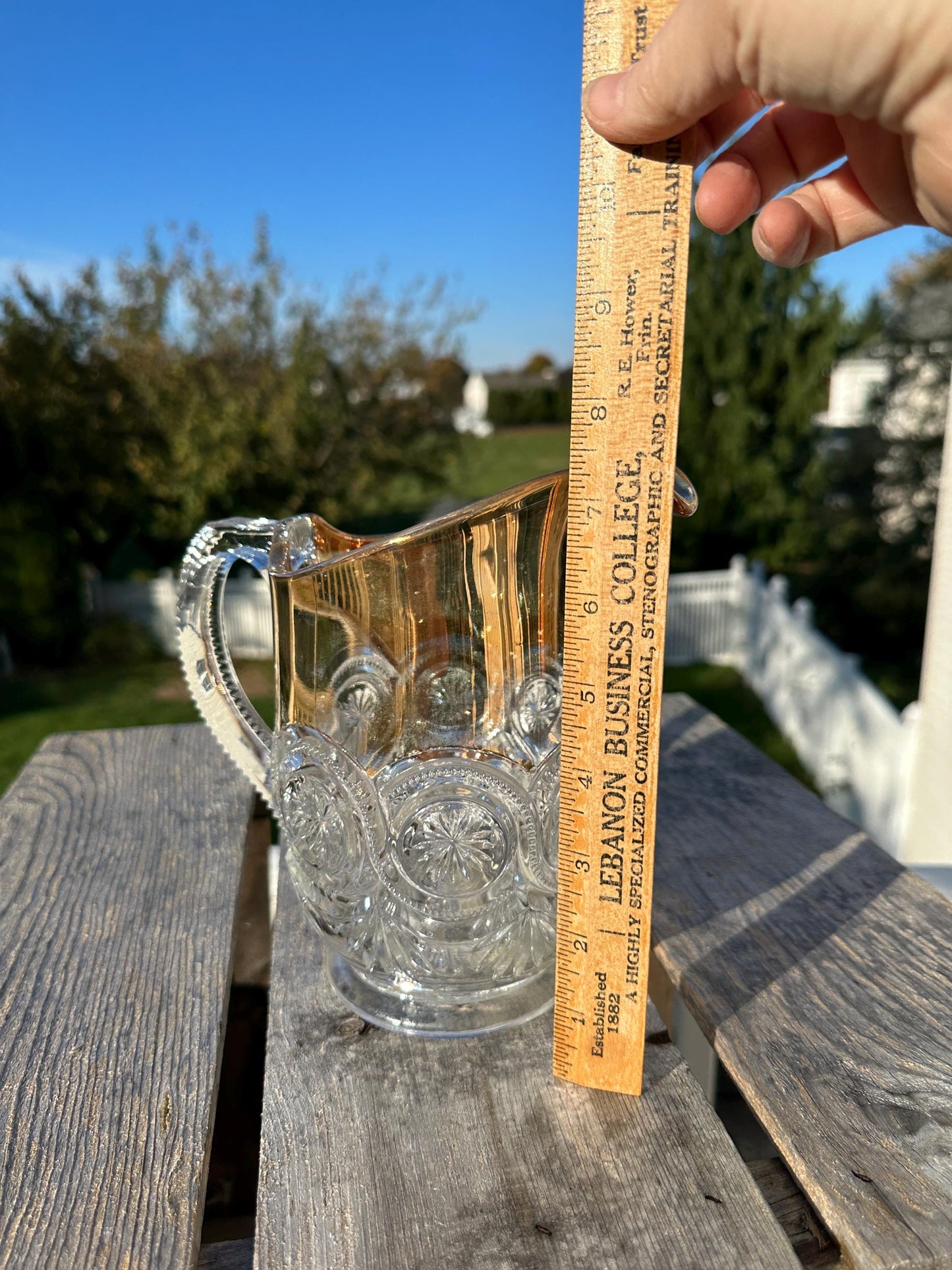 Vintage EAPG Duncan Miller Block and Medallion Starburst Pitcher and 8 tumblers gold trim
