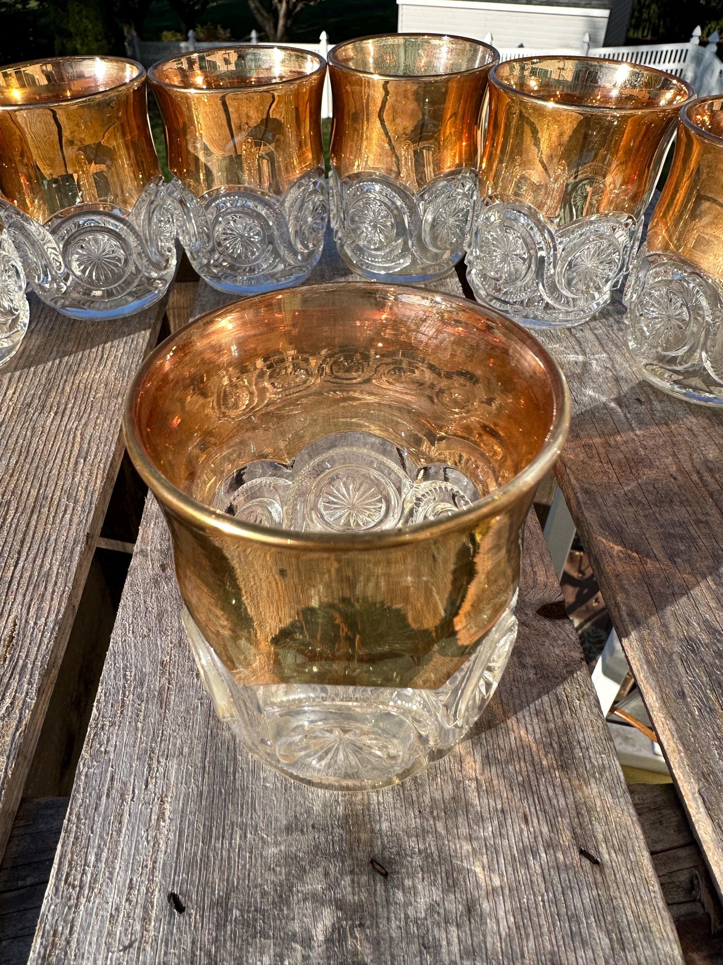 Vintage EAPG Duncan Miller Block and Medallion Starburst Pitcher and 8 tumblers gold trim