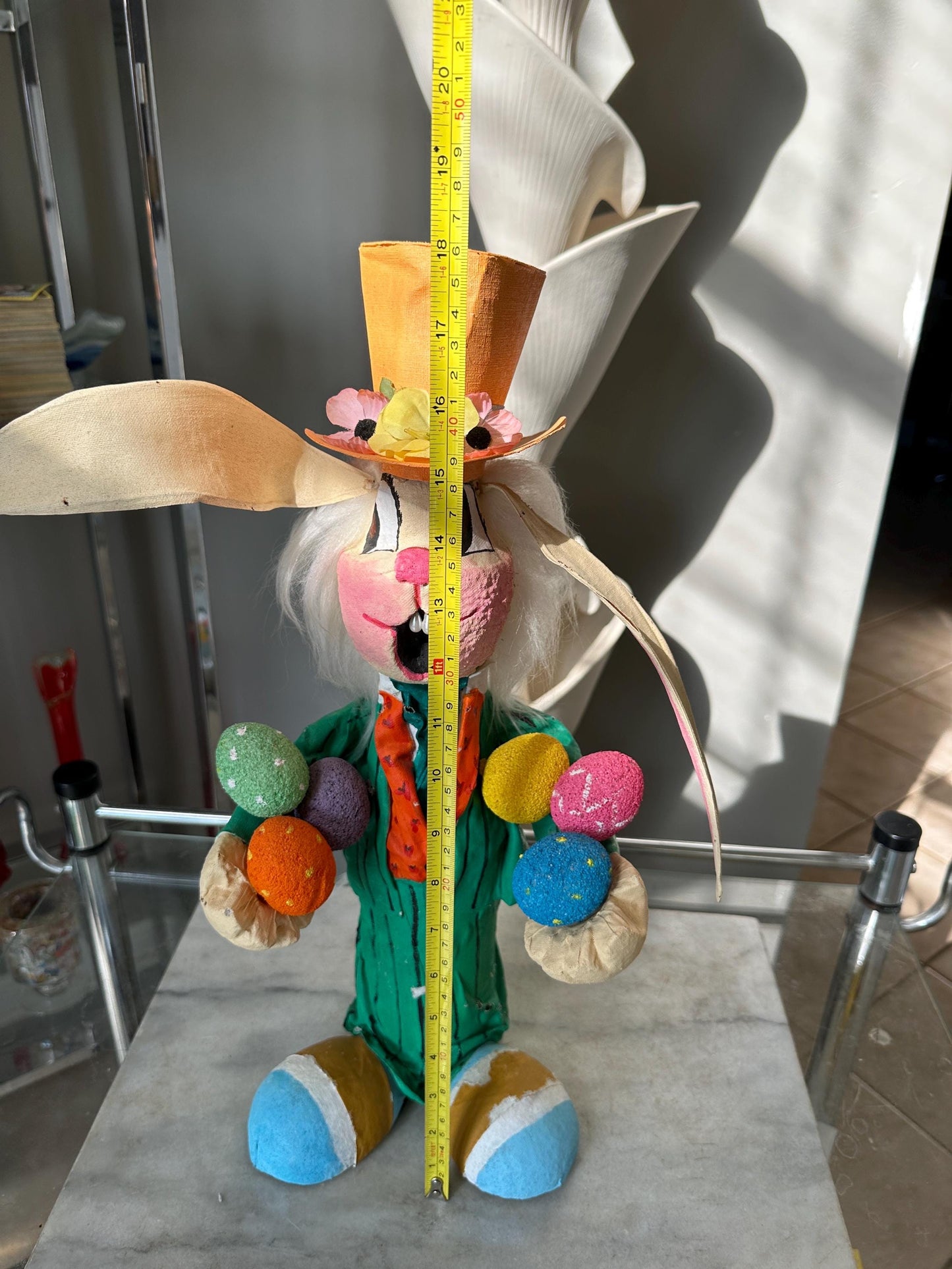 Handcrafted Paper Mâché Easter Bunny: Green Suit & Top Hat, 18" Whimsical Spring Decor