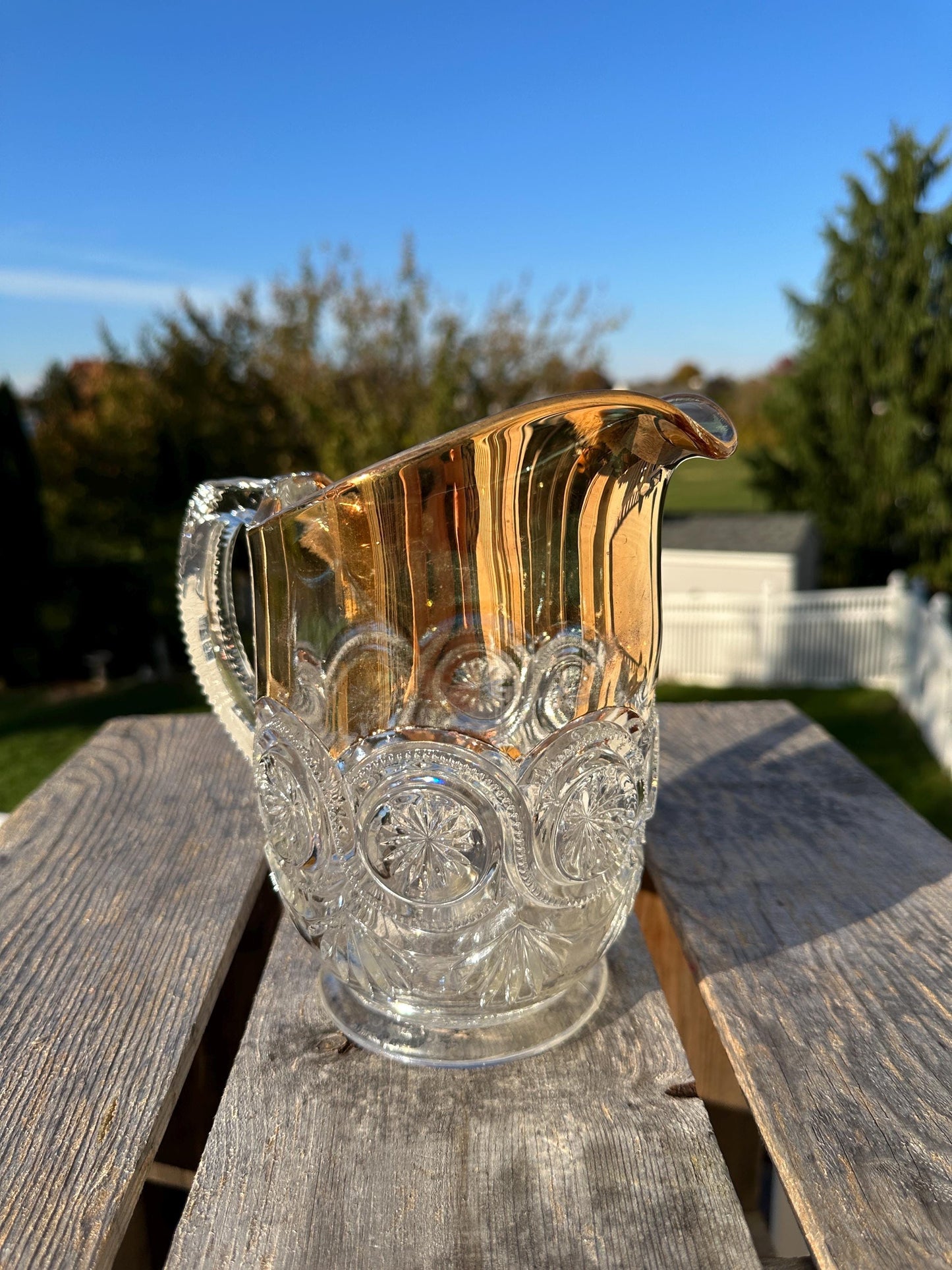 Vintage EAPG Duncan Miller Block and Medallion Starburst Pitcher and 8 tumblers gold trim