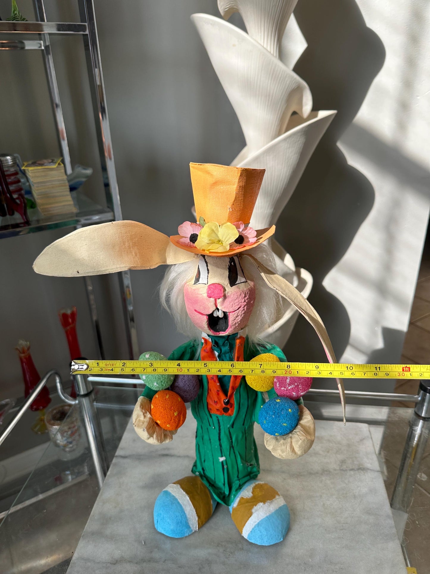 Handcrafted Paper Mâché Easter Bunny: Green Suit & Top Hat, 18" Whimsical Spring Decor