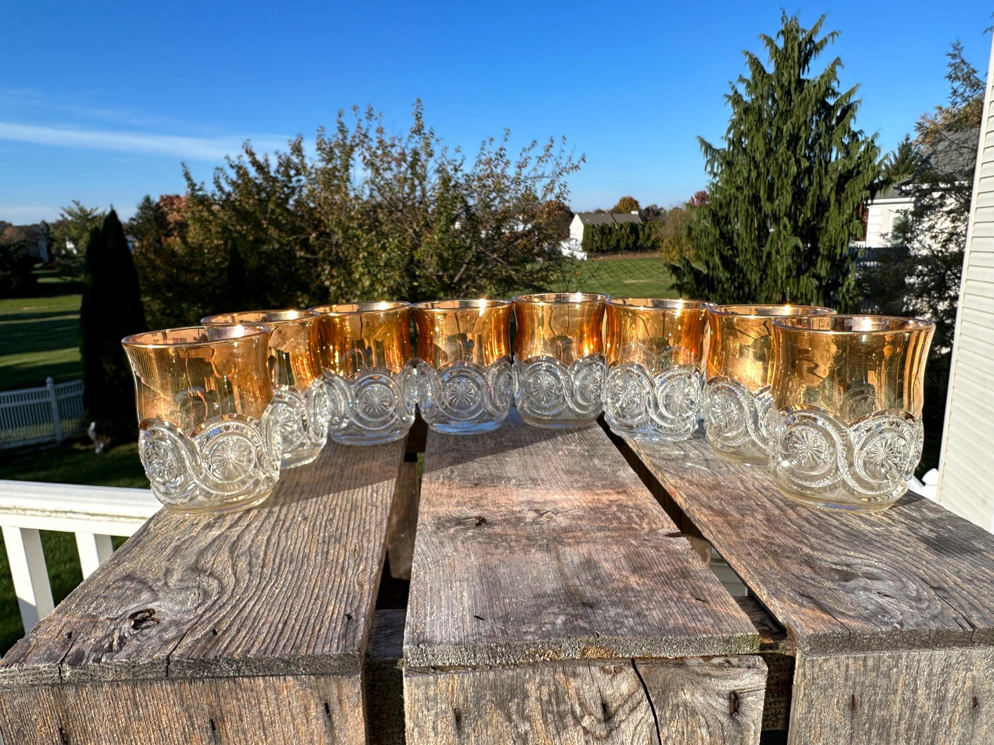 Vintage EAPG Duncan Miller Block and Medallion Starburst Pitcher and 8 tumblers gold trim