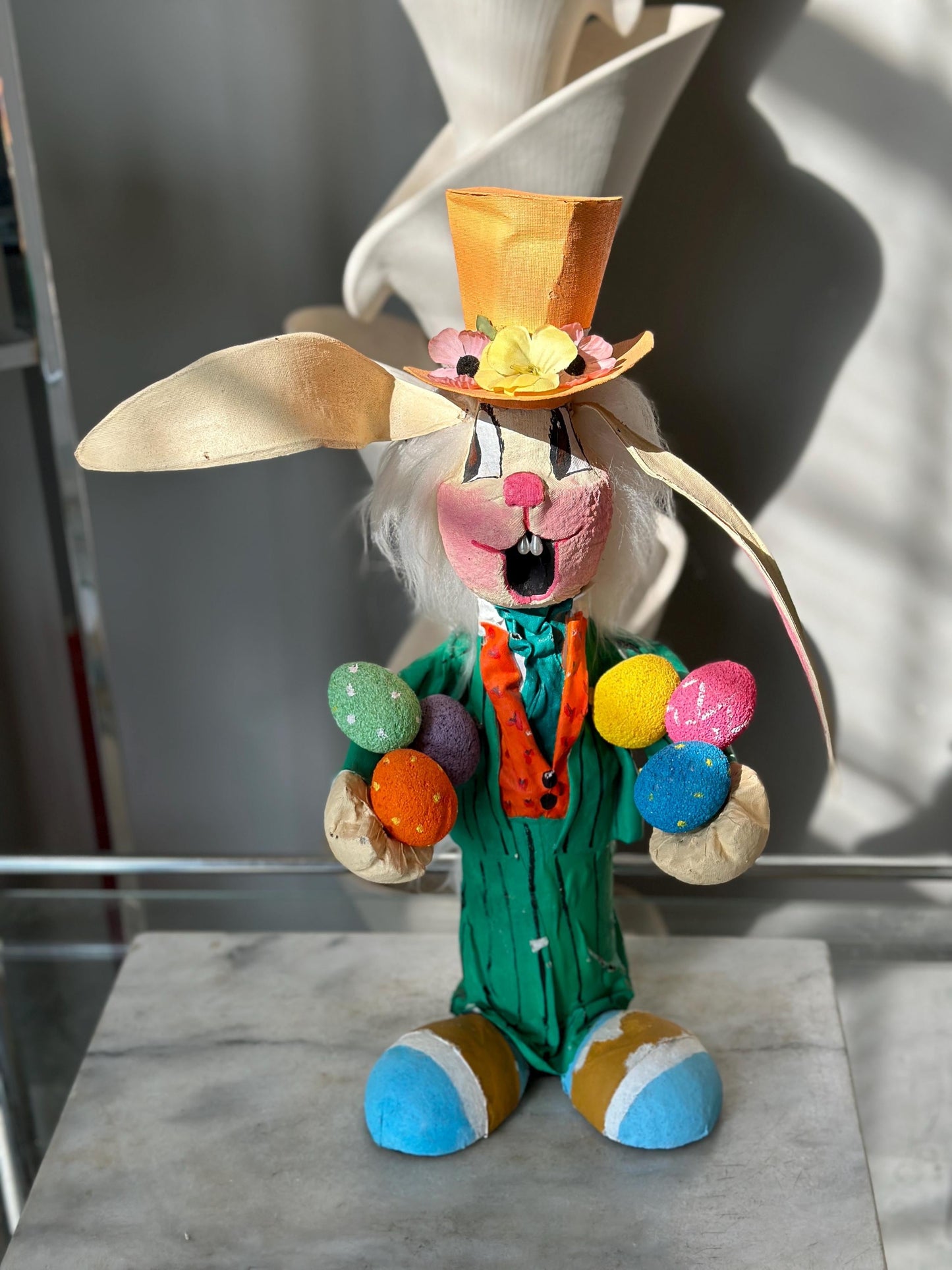 Handcrafted Paper Mâché Easter Bunny: Green Suit & Top Hat, 18" Whimsical Spring Decor