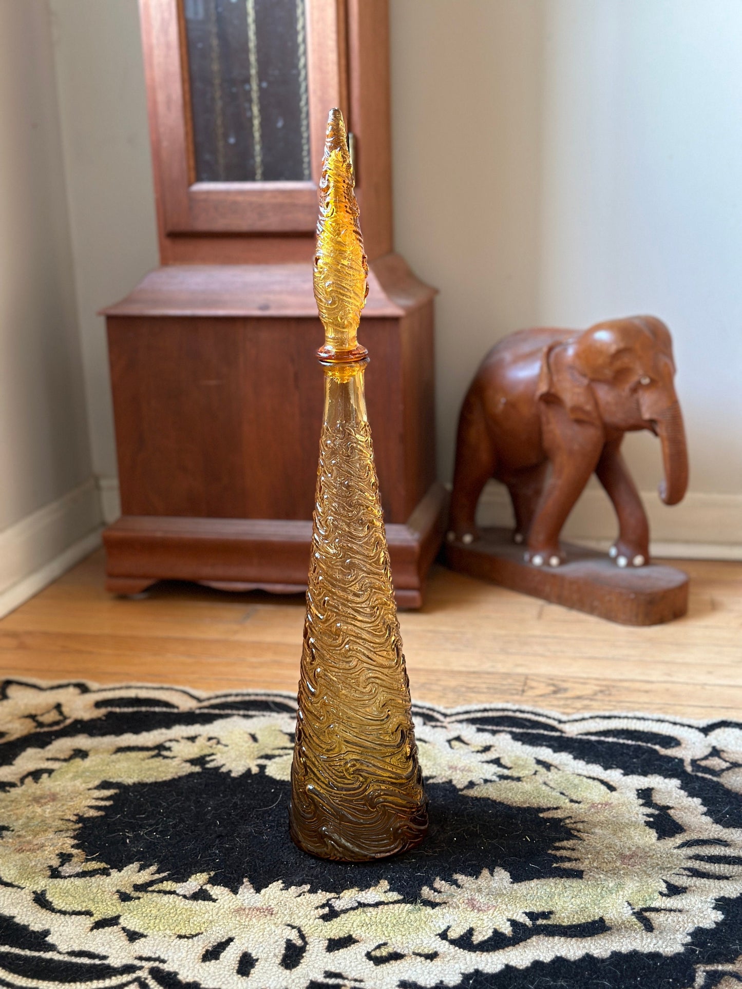 Vintage Empoli Style  Decanter Carafe Amber Wave  Genie Bottle Italy 22"