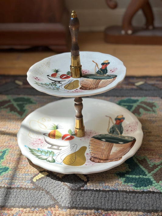Mid Century Ceramic Tiered Plate Server: 1950s Japanese Wine Cheese Tray