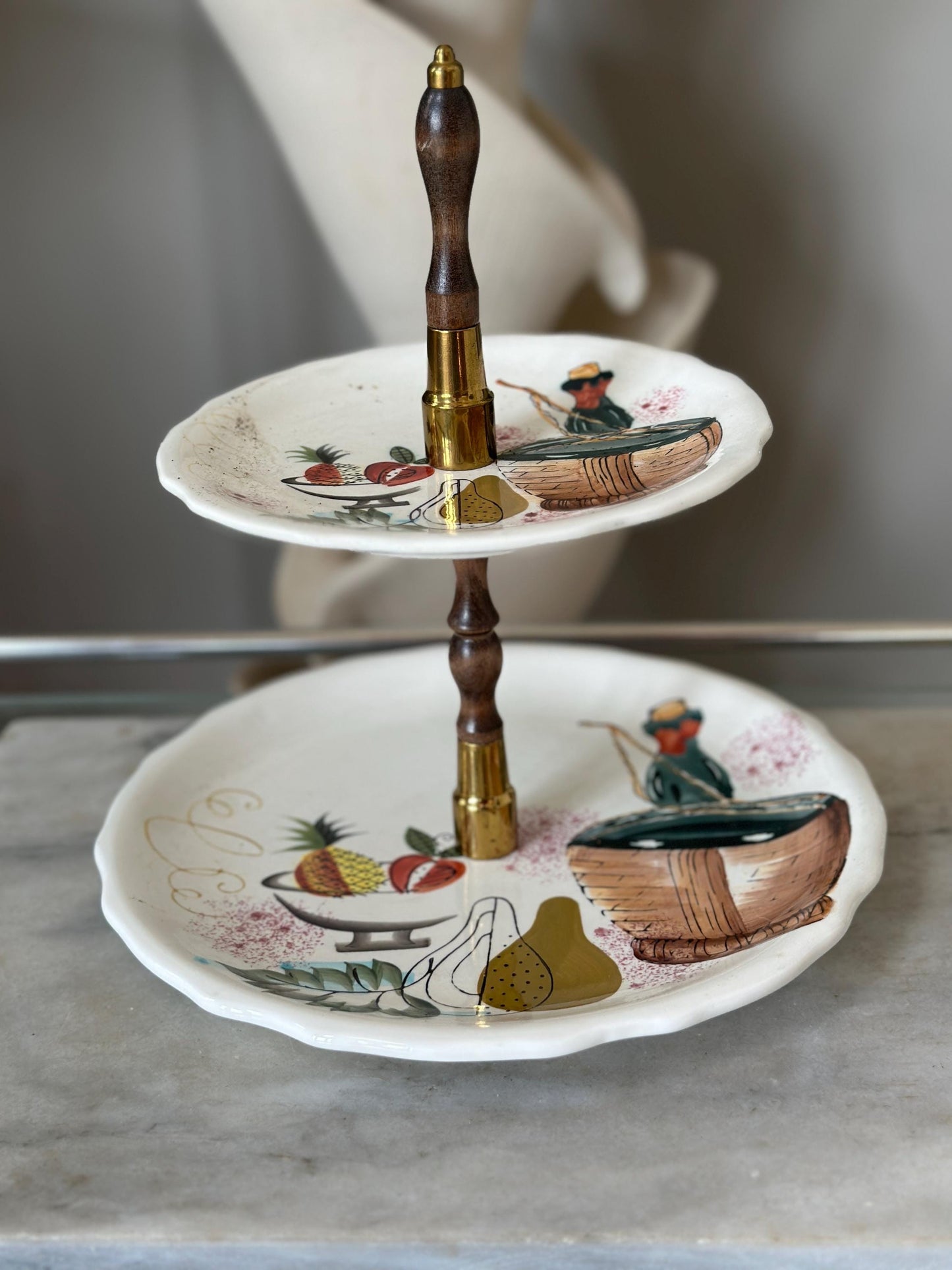 Mid Century Ceramic Tiered Plate Server: 1950s Japanese Wine Cheese Tray