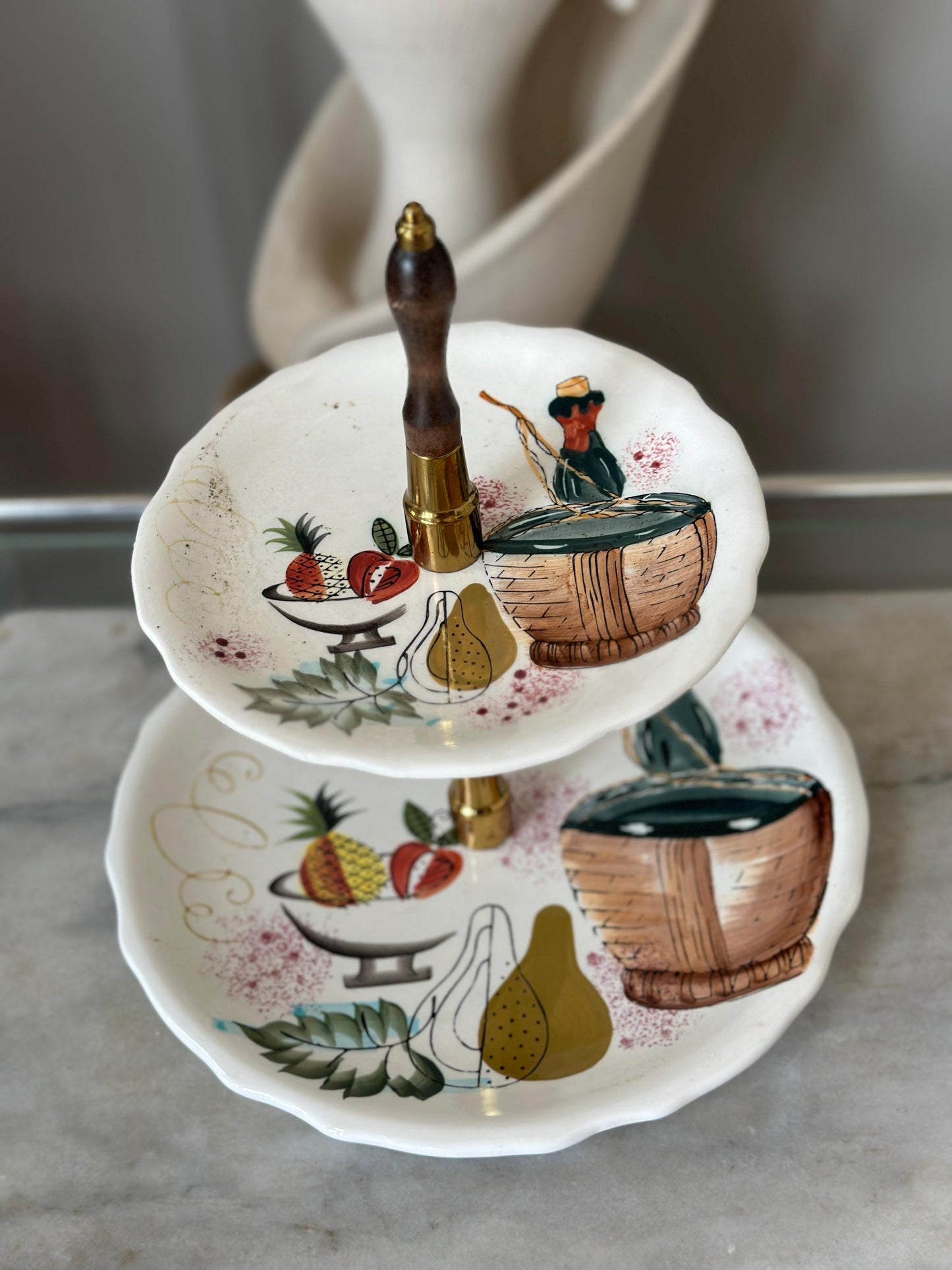 Mid Century Ceramic Tiered Plate Server: 1950s Japanese Wine Cheese Tray