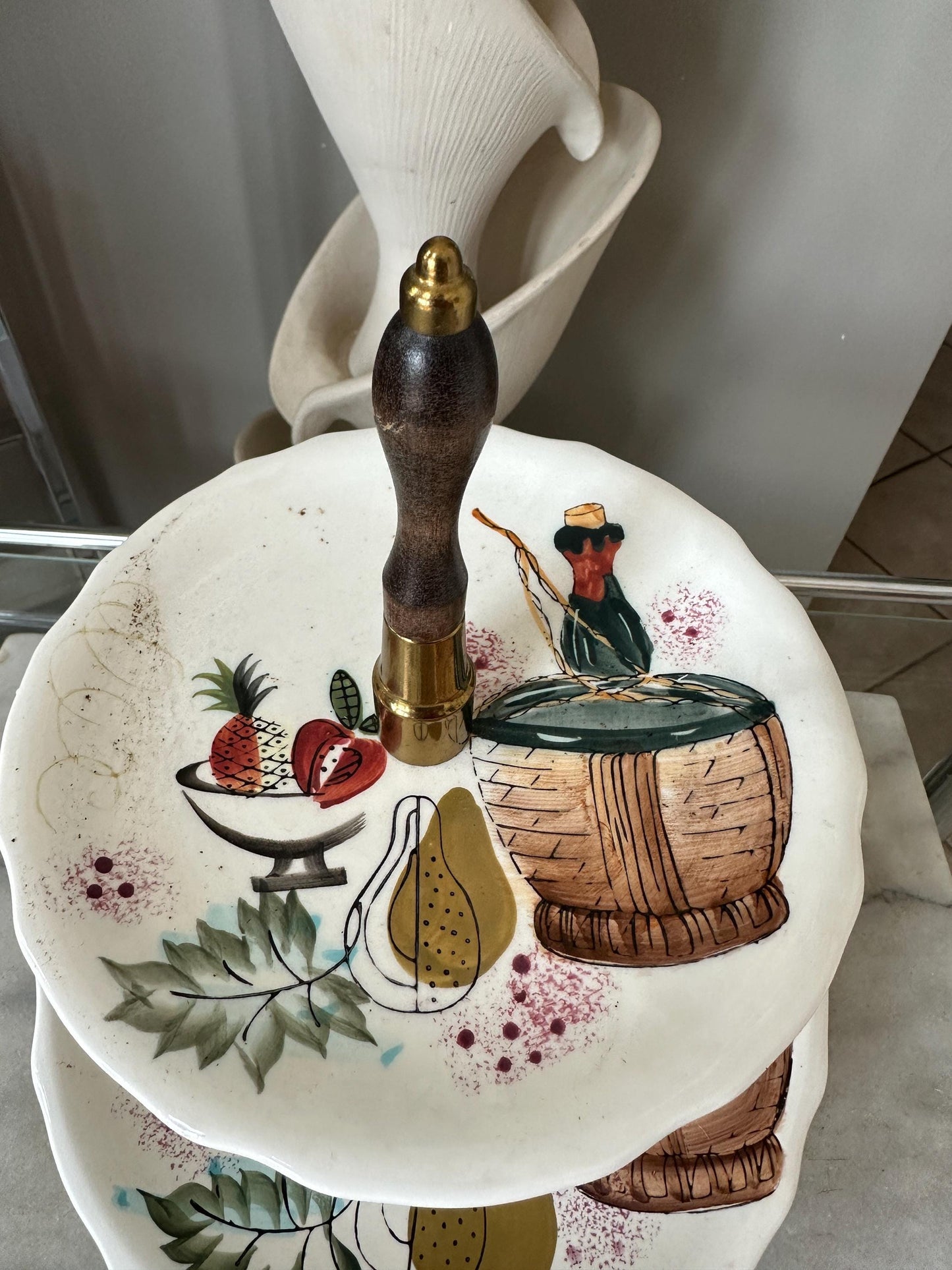 Mid Century Ceramic Tiered Plate Server: 1950s Japanese Wine Cheese Tray