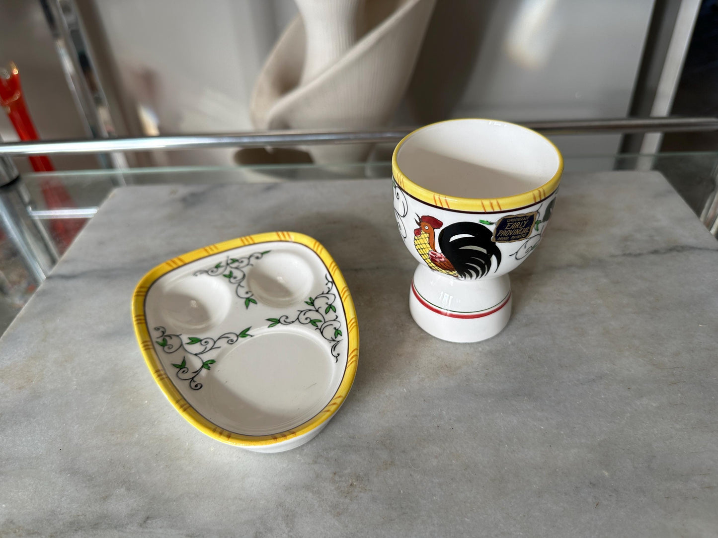 Vintage UCAGCO Double Egg Cup with Stand: Rooster & Rose Japan Ceramic