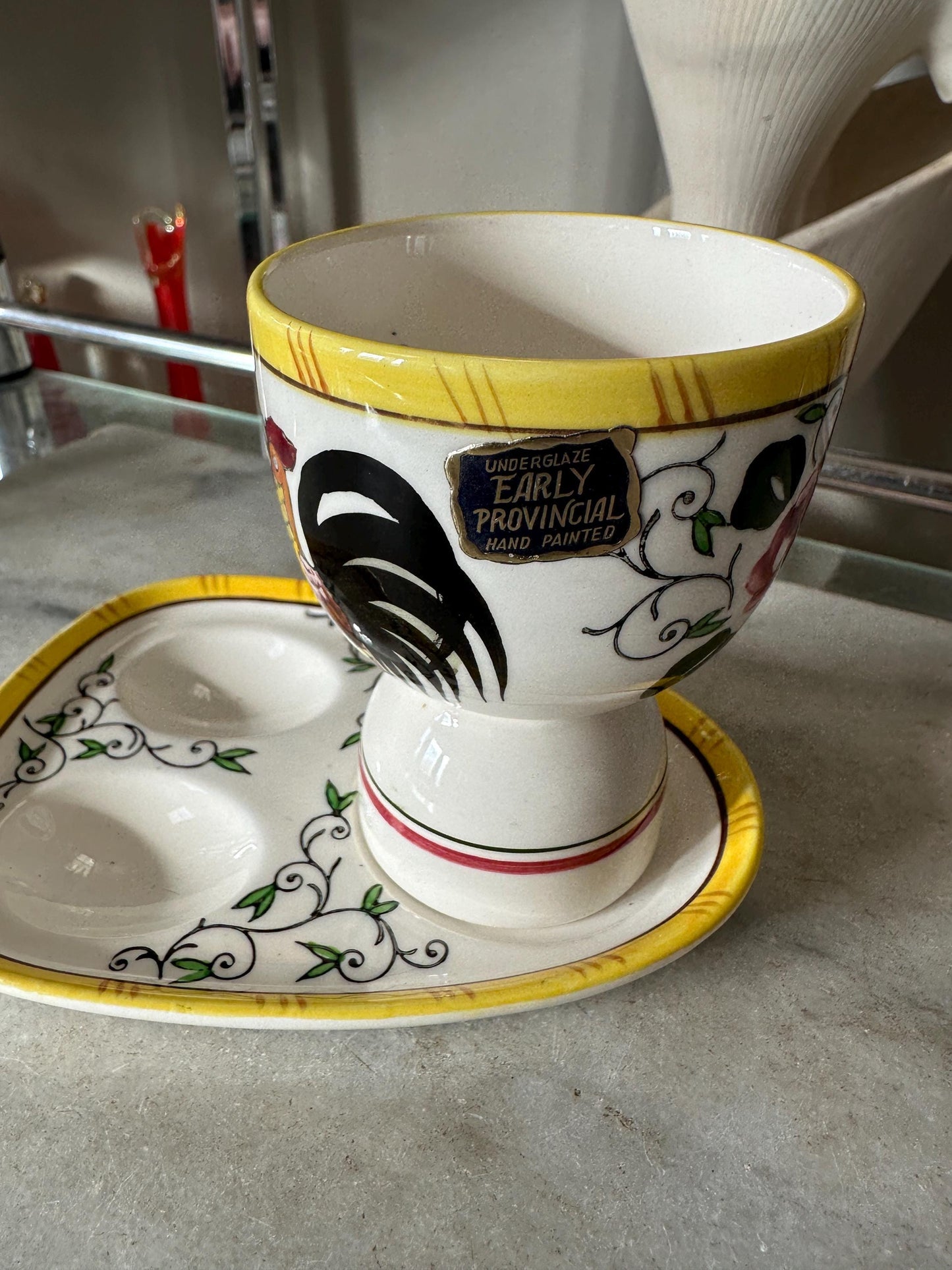 Vintage UCAGCO Double Egg Cup with Stand: Rooster & Rose Japan Ceramic