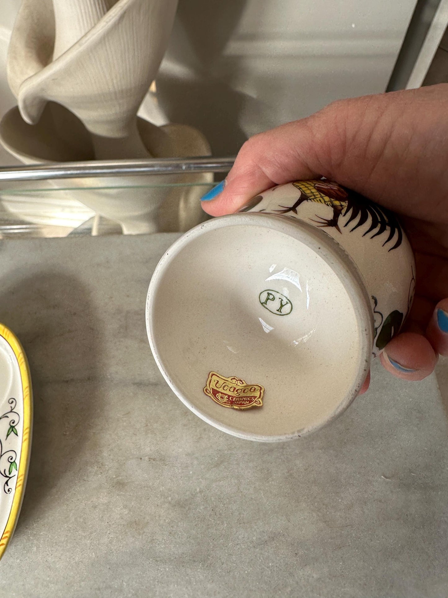 Vintage UCAGCO Double Egg Cup with Stand: Rooster & Rose Japan Ceramic
