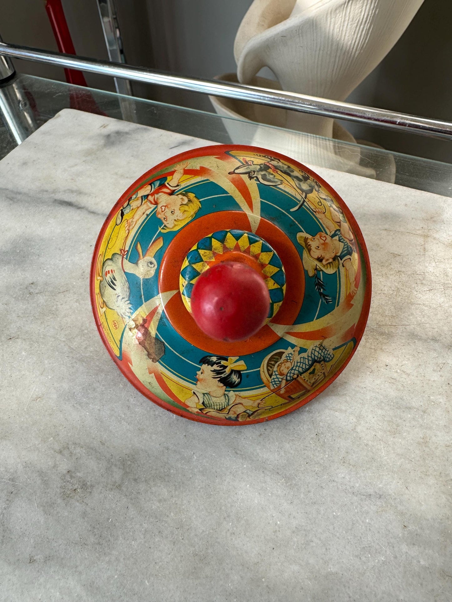 Vintage MNN Tin Spinning Top: Retro Toy Collectible, Made in Western Germany