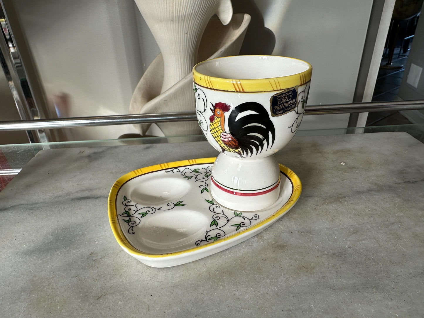 Vintage UCAGCO Double Egg Cup with Stand: Rooster & Rose Japan Ceramic