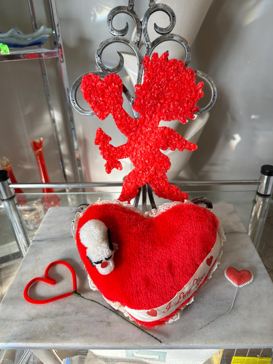 Vintage Valentine's Day Decor Lot: Cupid, Russ Berrie Plush Dog, Heart Picks