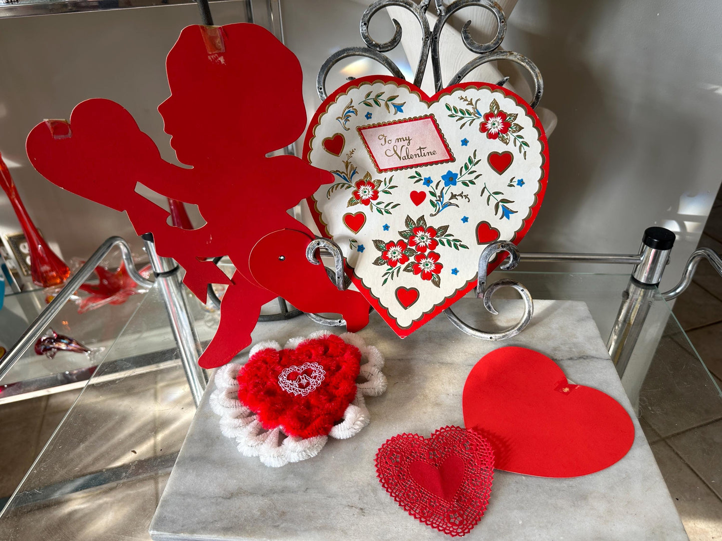 Vintage Valentine's Day Ephemera Set: Cupid, Candy Box, Chenille Heart