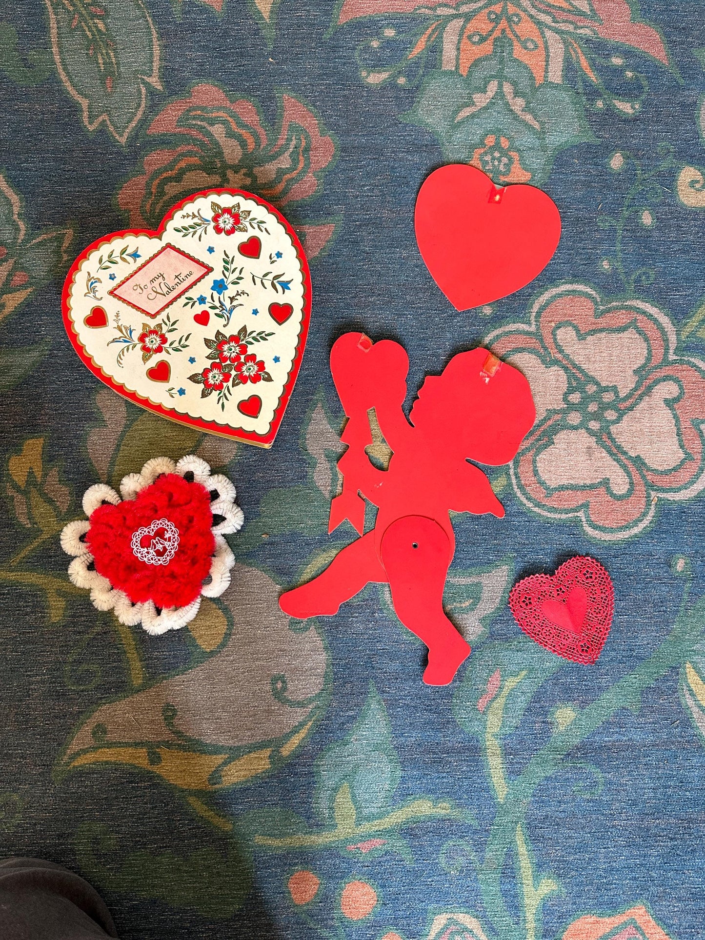 Vintage Valentine's Day Ephemera Set: Cupid, Candy Box, Chenille Heart