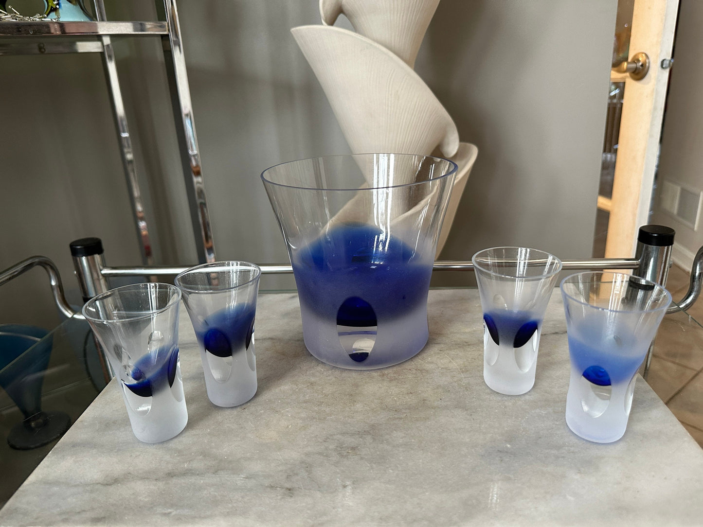 Vintage Mid Century Modern Blue Glass Ice Bucket & Shot Glass Set