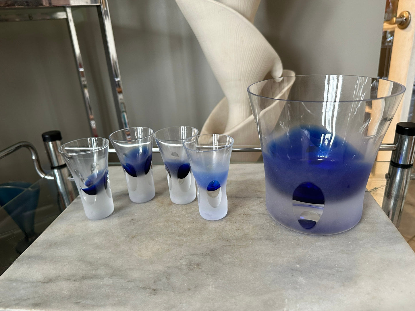 Vintage Mid Century Modern Blue Glass Ice Bucket & Shot Glass Set