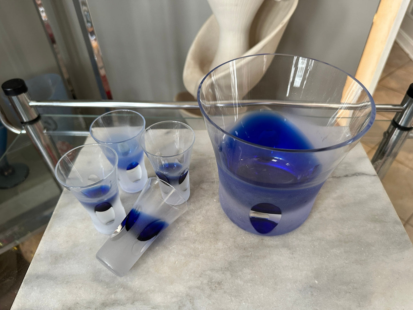 Vintage Mid Century Modern Blue Glass Ice Bucket & Shot Glass Set