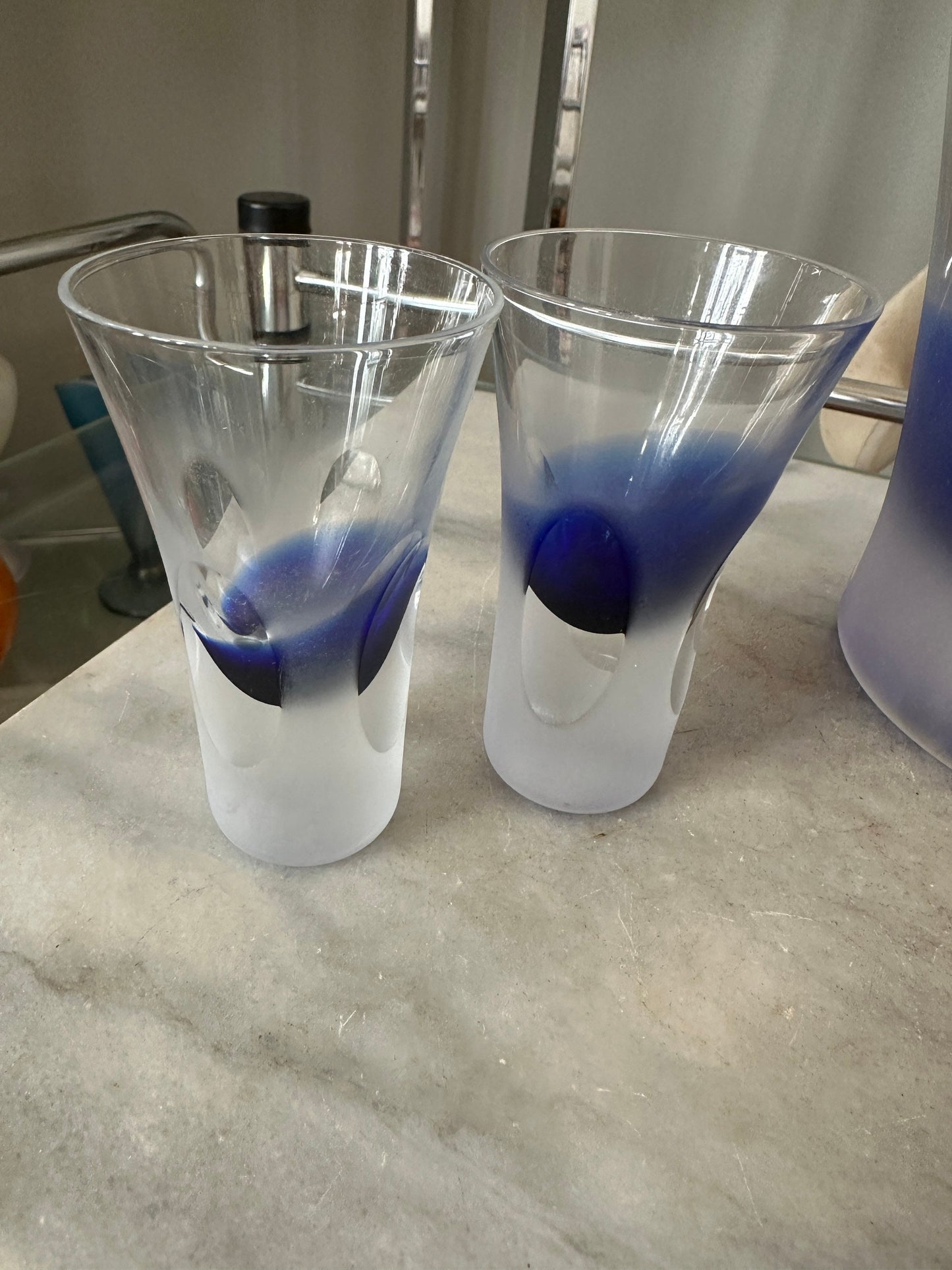 Vintage Mid Century Modern Blue Glass Ice Bucket & Shot Glass Set