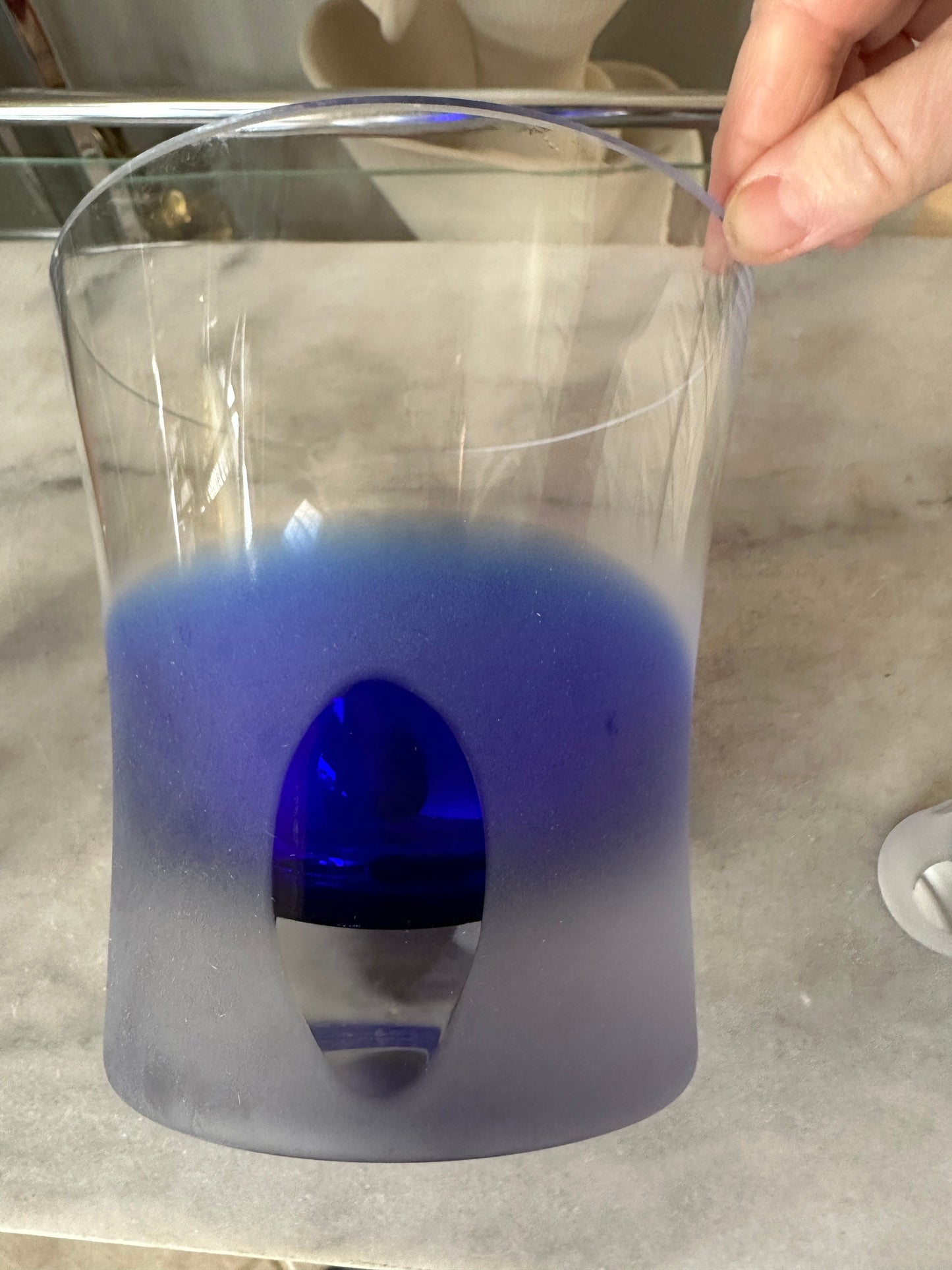 Vintage Mid Century Modern Blue Glass Ice Bucket & Shot Glass Set