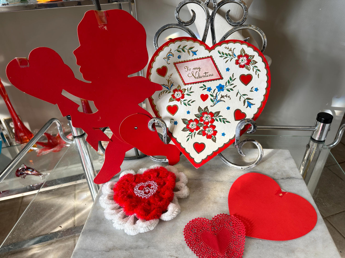 Vintage Valentine's Day Ephemera Set: Cupid, Candy Box, Chenille Heart