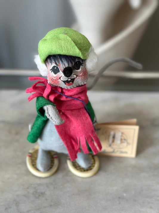 Vintage Annalee Christmas Mouse Snowshoes Tennis Rackets Holiday Collectible, 7” high