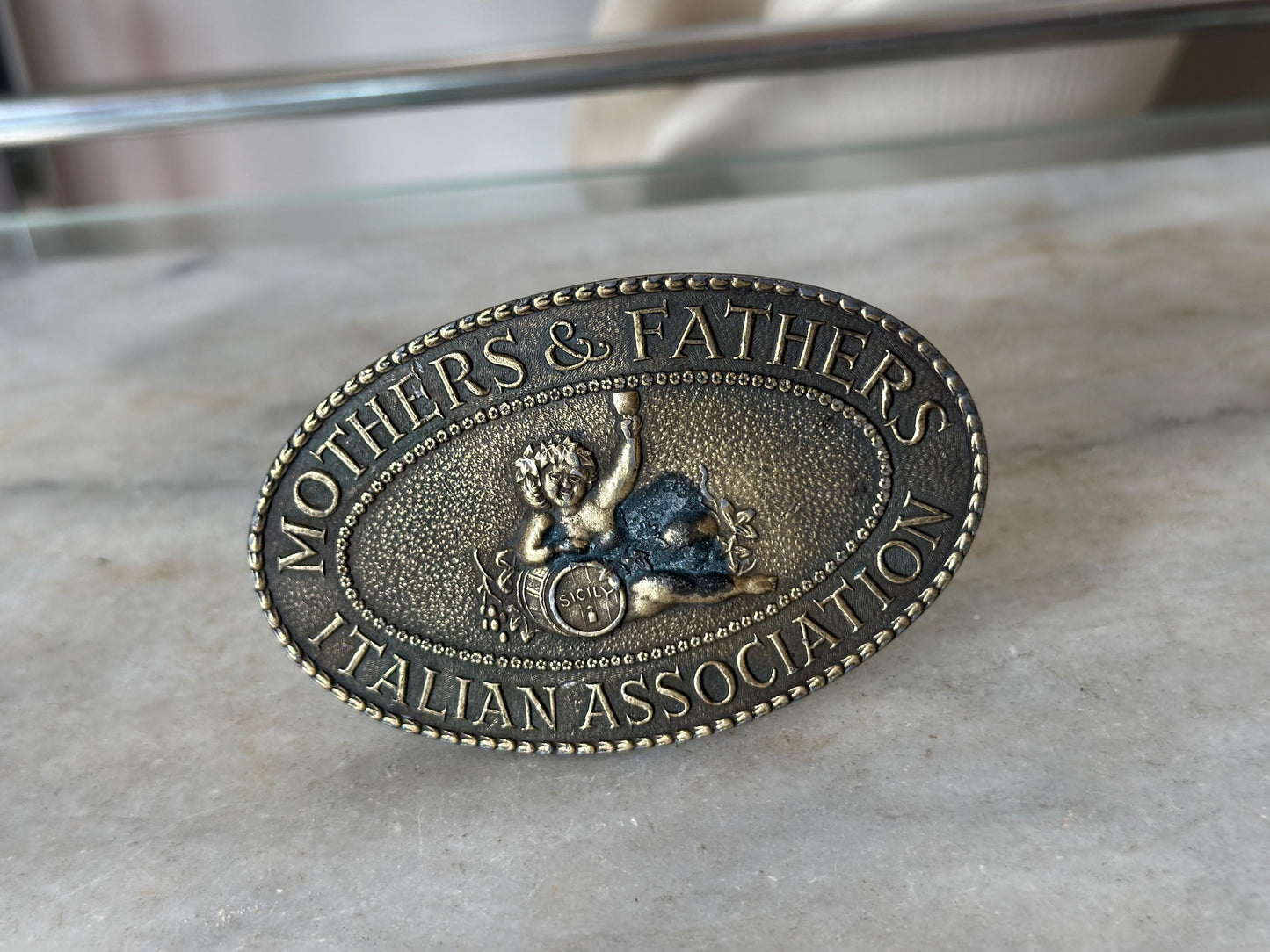 Vintage 1970s Italian Association Belt Buckle: Brass Plated