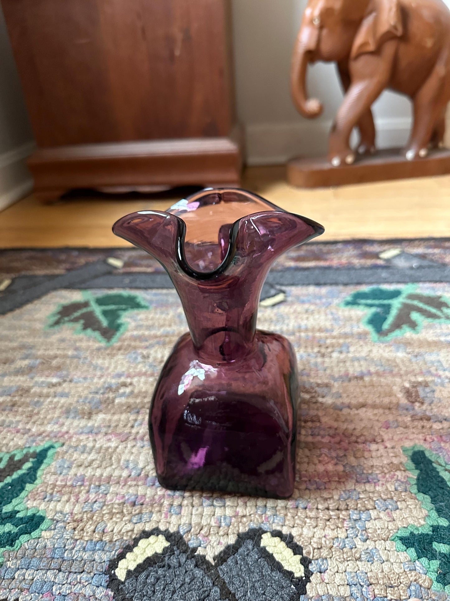 Vintage Hand Blown Art Glass Amethyst Purple Pitcher Applied Handle Fluted top