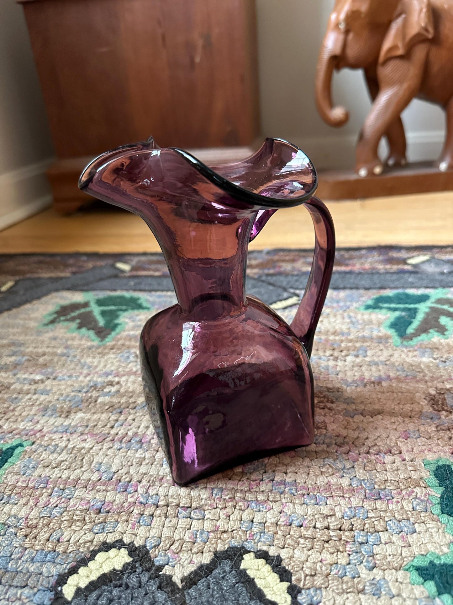 Vintage Hand Blown Art Glass Amethyst Purple Pitcher Applied Handle Fluted top