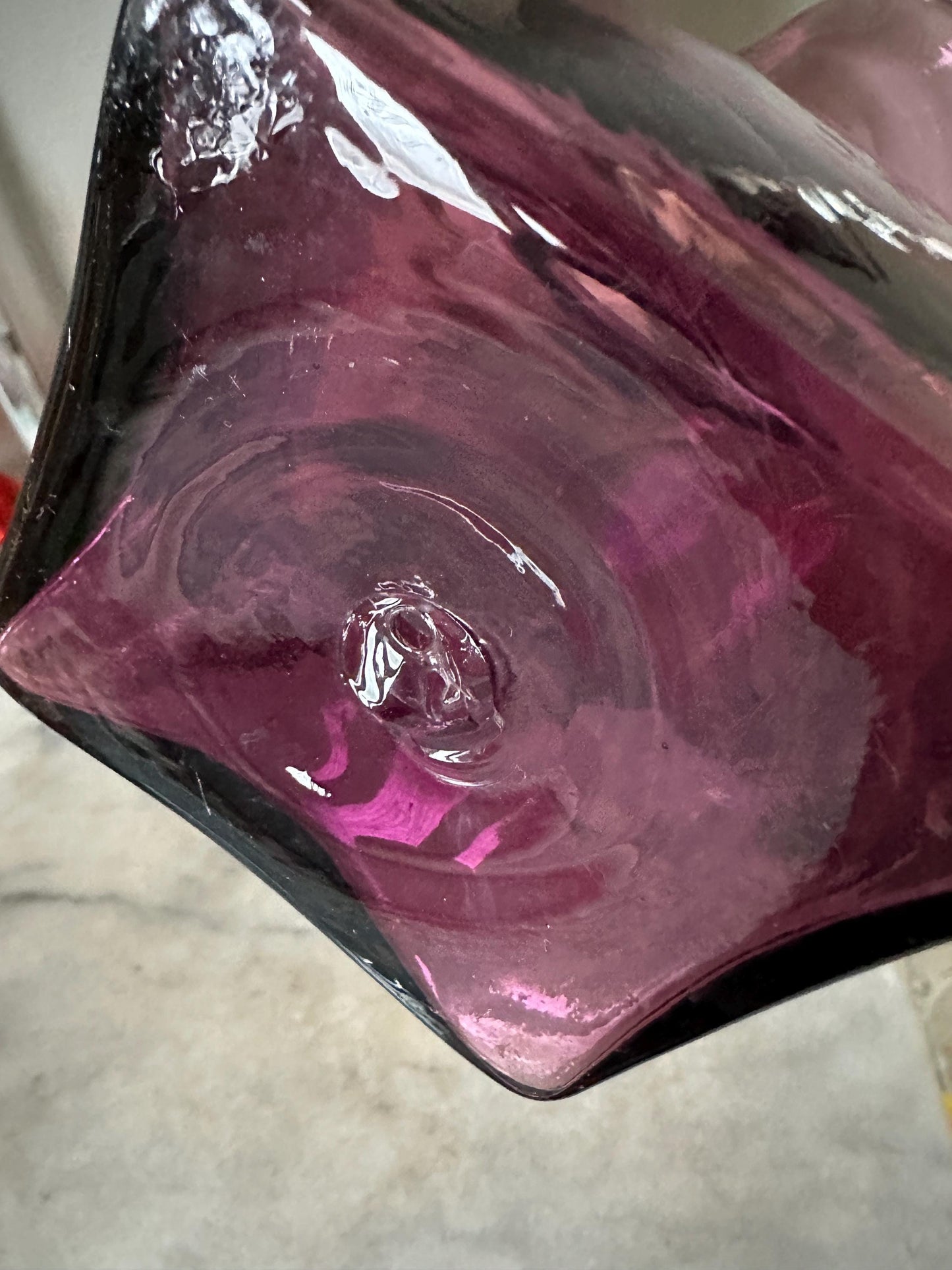 Vintage Hand Blown Art Glass Amethyst Purple Pitcher Applied Handle Fluted top