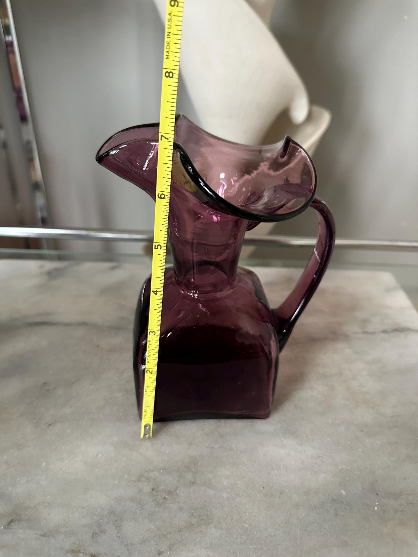 Vintage Hand Blown Art Glass Amethyst Purple Pitcher Applied Handle Fluted top