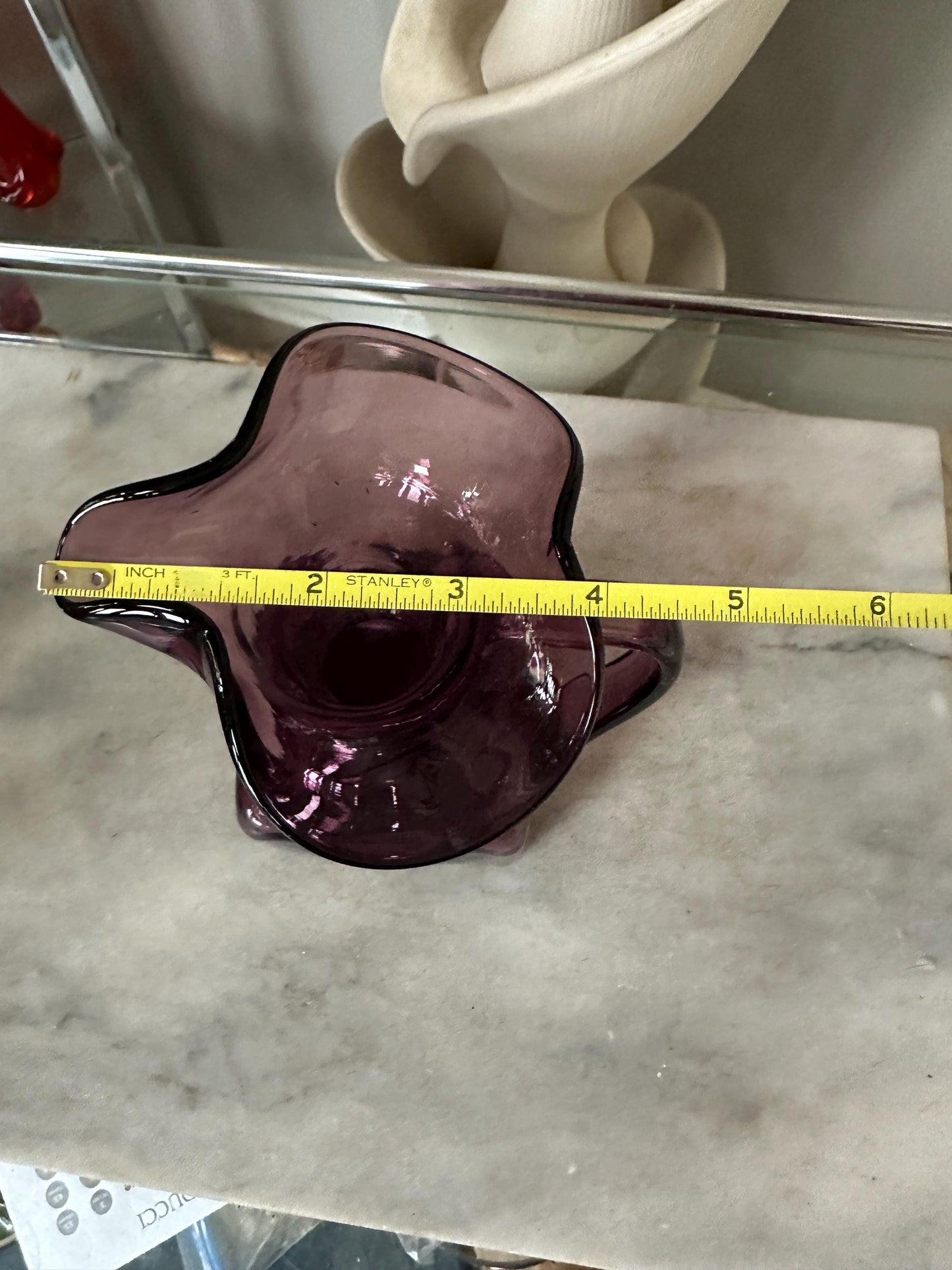 Vintage Hand Blown Art Glass Amethyst Purple Pitcher Applied Handle Fluted top