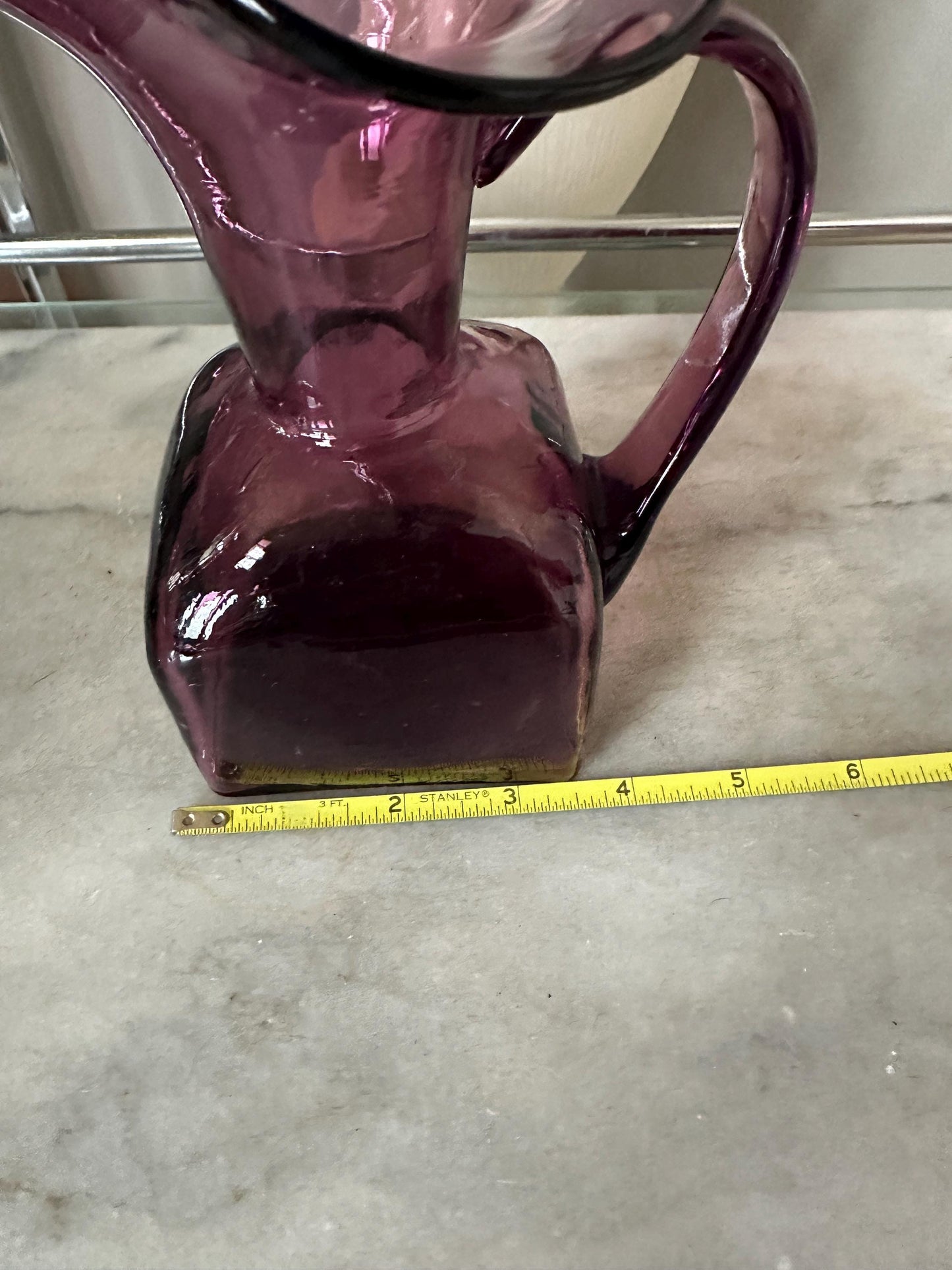 Vintage Hand Blown Art Glass Amethyst Purple Pitcher Applied Handle Fluted top