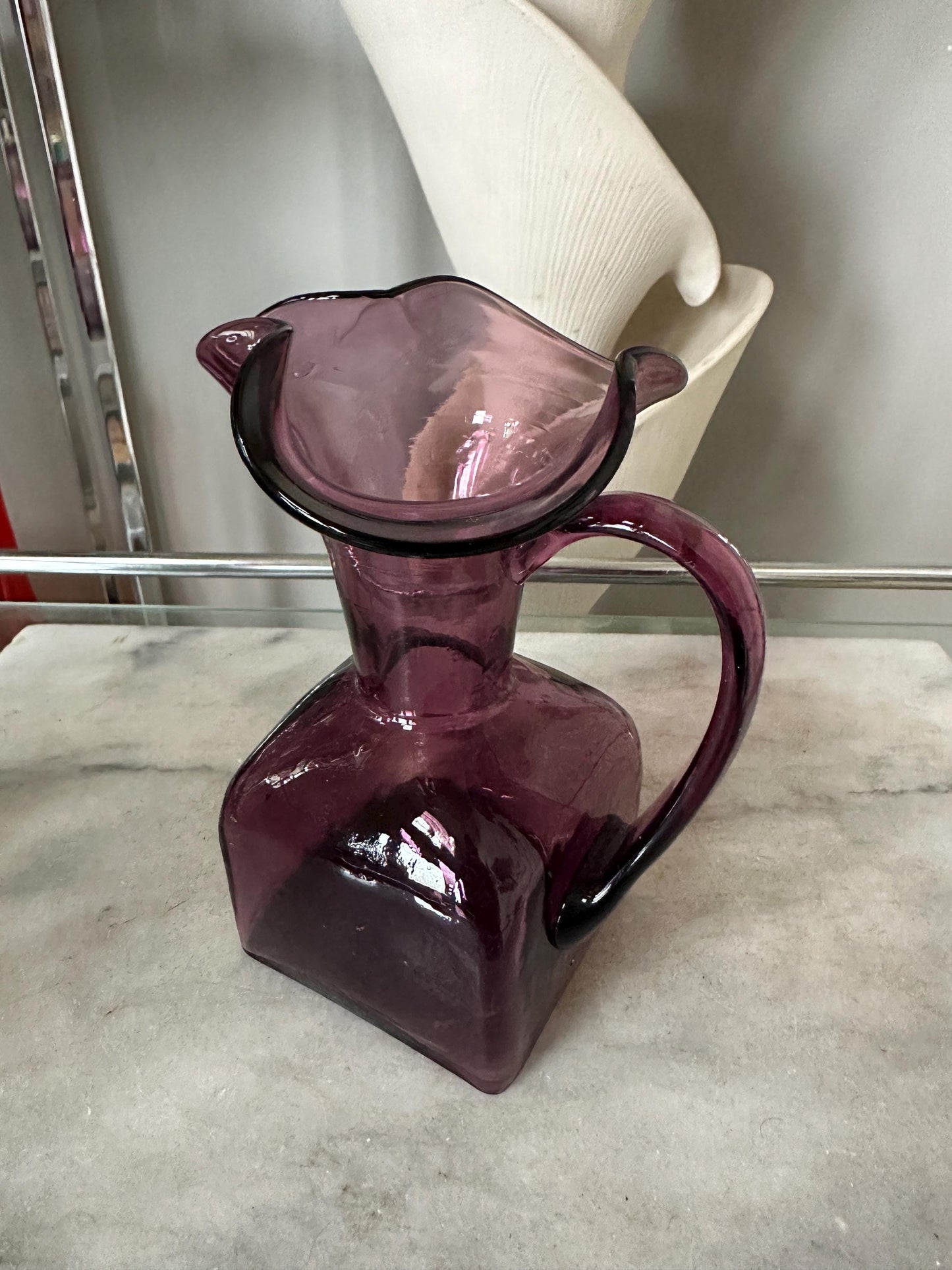 Vintage Hand Blown Art Glass Amethyst Purple Pitcher Applied Handle Fluted top