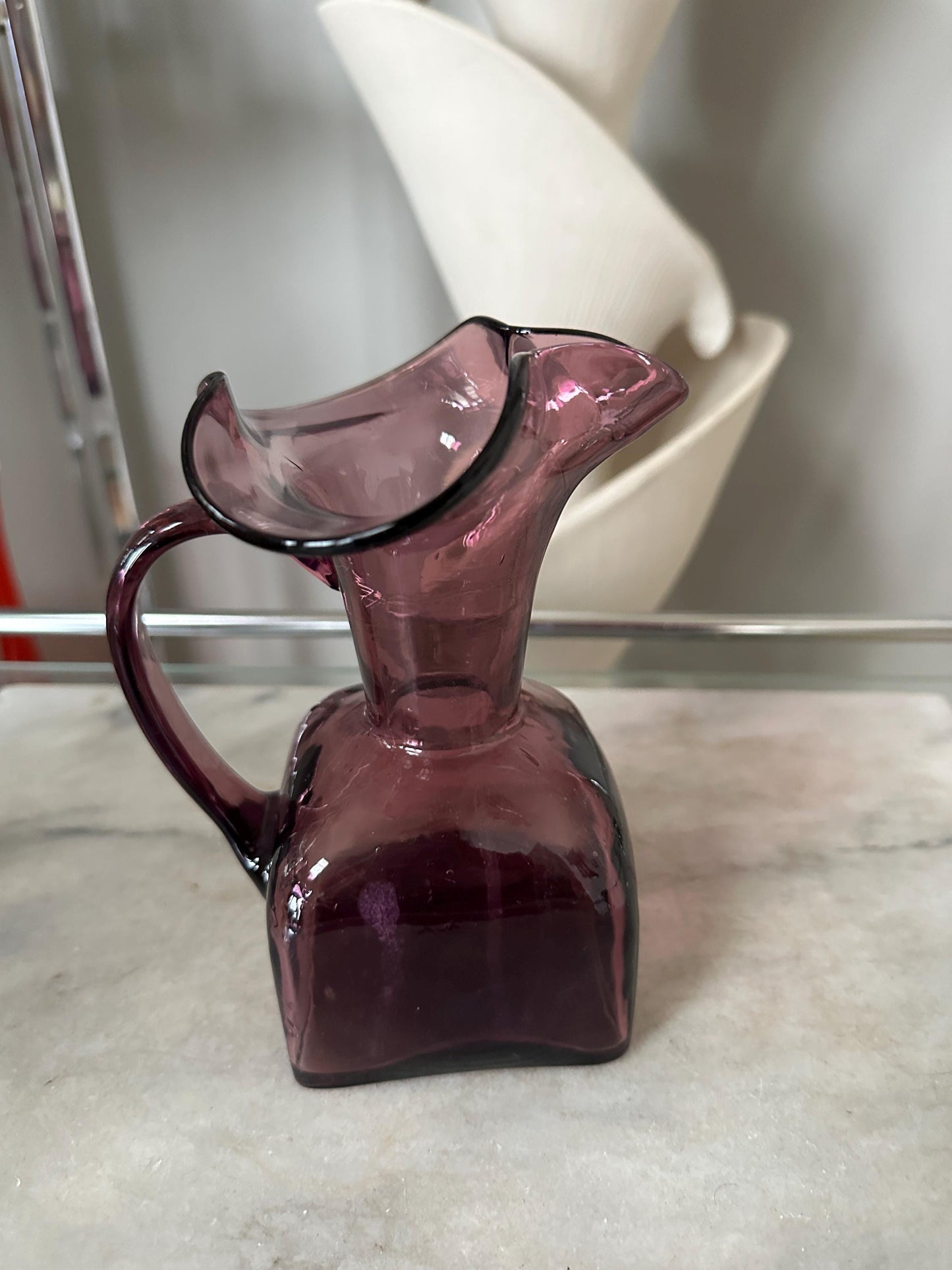Vintage Hand Blown Art Glass Amethyst Purple Pitcher Applied Handle Fluted top