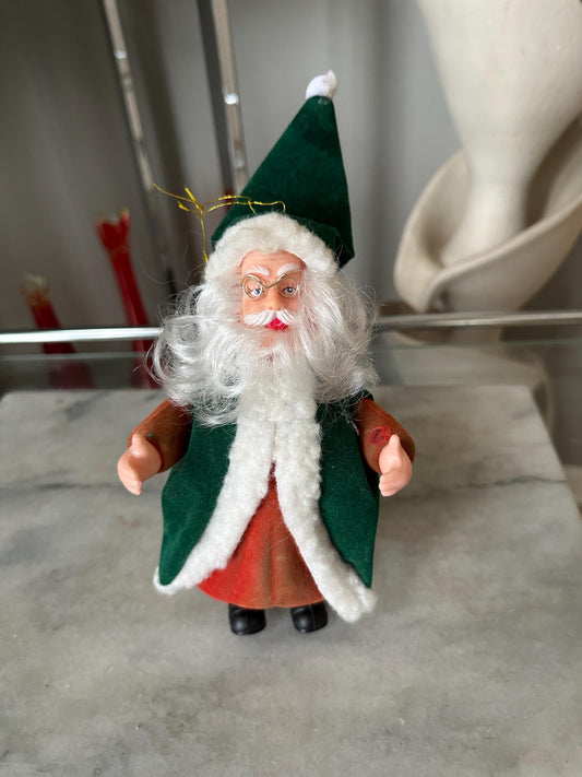 Vintage Flocked Santa Claus Figure, Green Coat Christmas Decor. Xmas Kitsch
