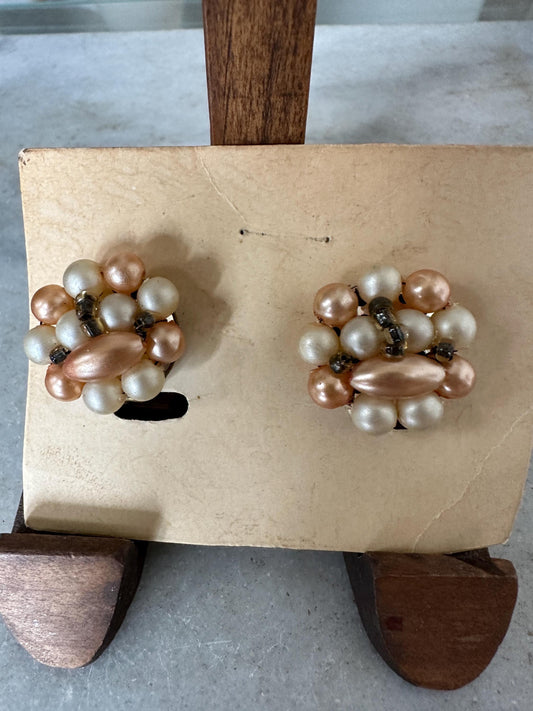 Vintage Pearl Cluster Clip On Earrings: Hong Kong Gold Tone Jewelry
