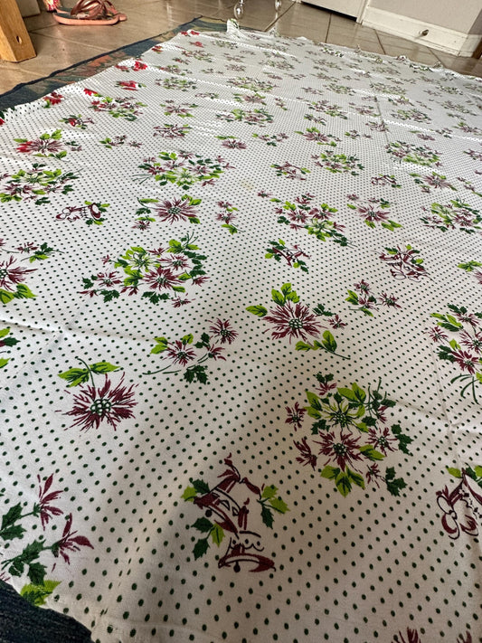 Vtg Christmas Oval Tablecloth Bells Poinsettia Pinecone Poly/Cotton Blend Retro 58 x 76