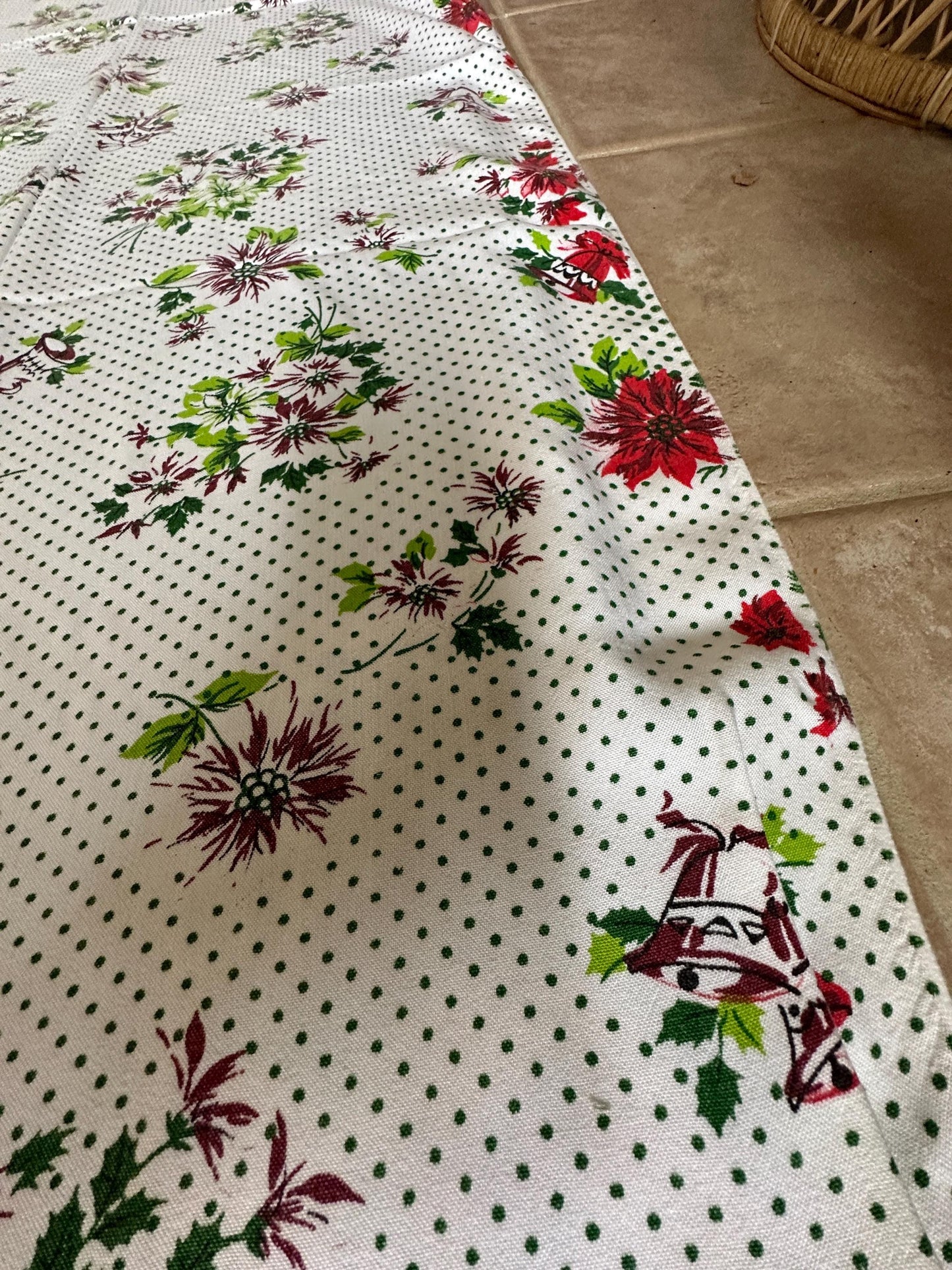 Vtg Christmas Oval Tablecloth Bells Poinsettia Pinecone Poly/Cotton Blend Retro 58 x 76