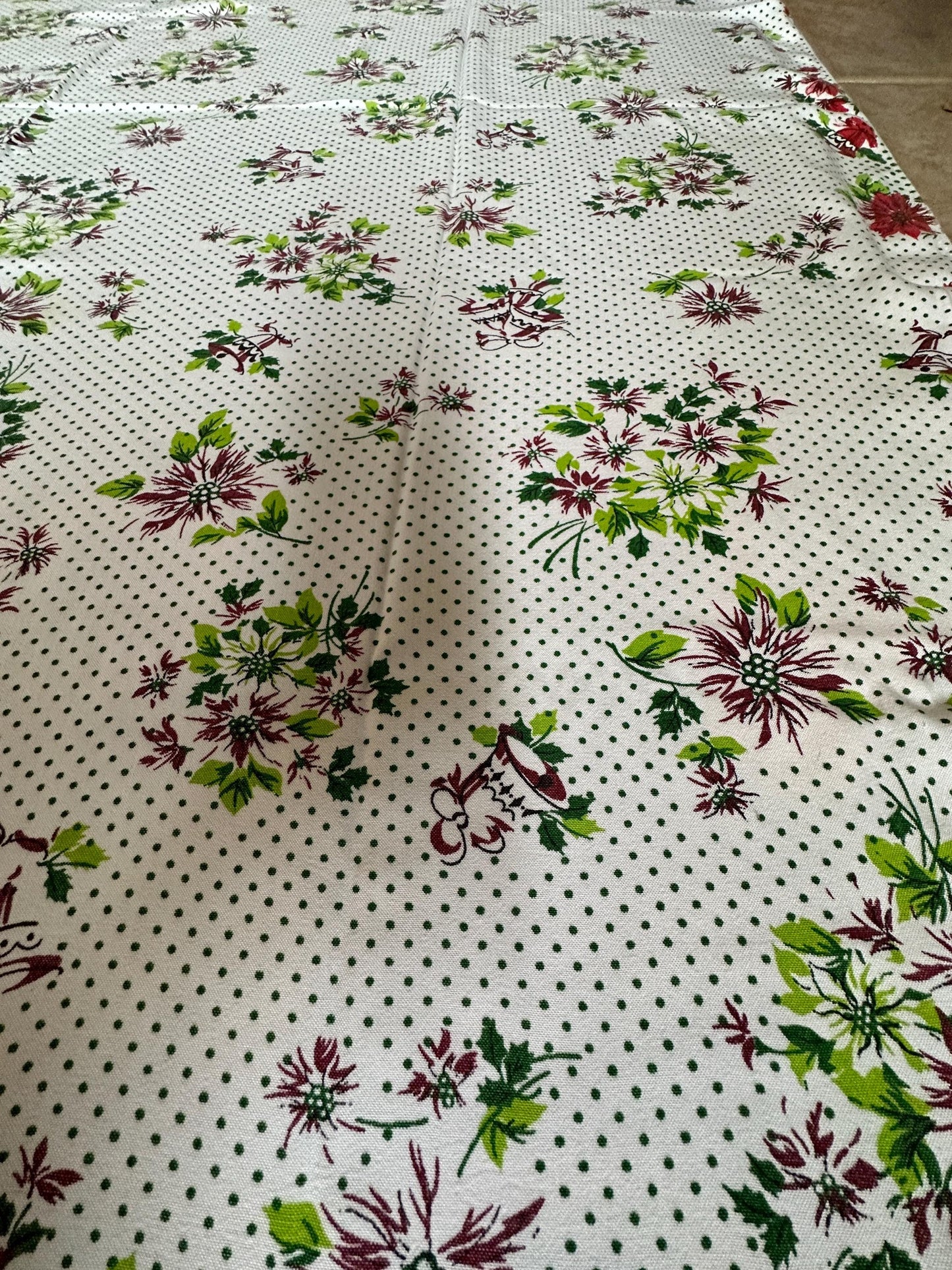 Vtg Christmas Oval Tablecloth Bells Poinsettia Pinecone Poly/Cotton Blend Retro 58 x 76