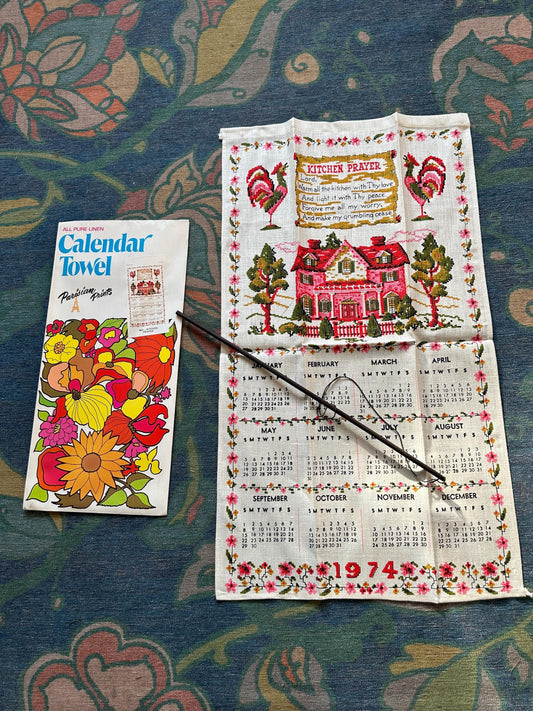 1974 Parisian Prints Linen Calendar Towel: Vintage Kitchen Decor